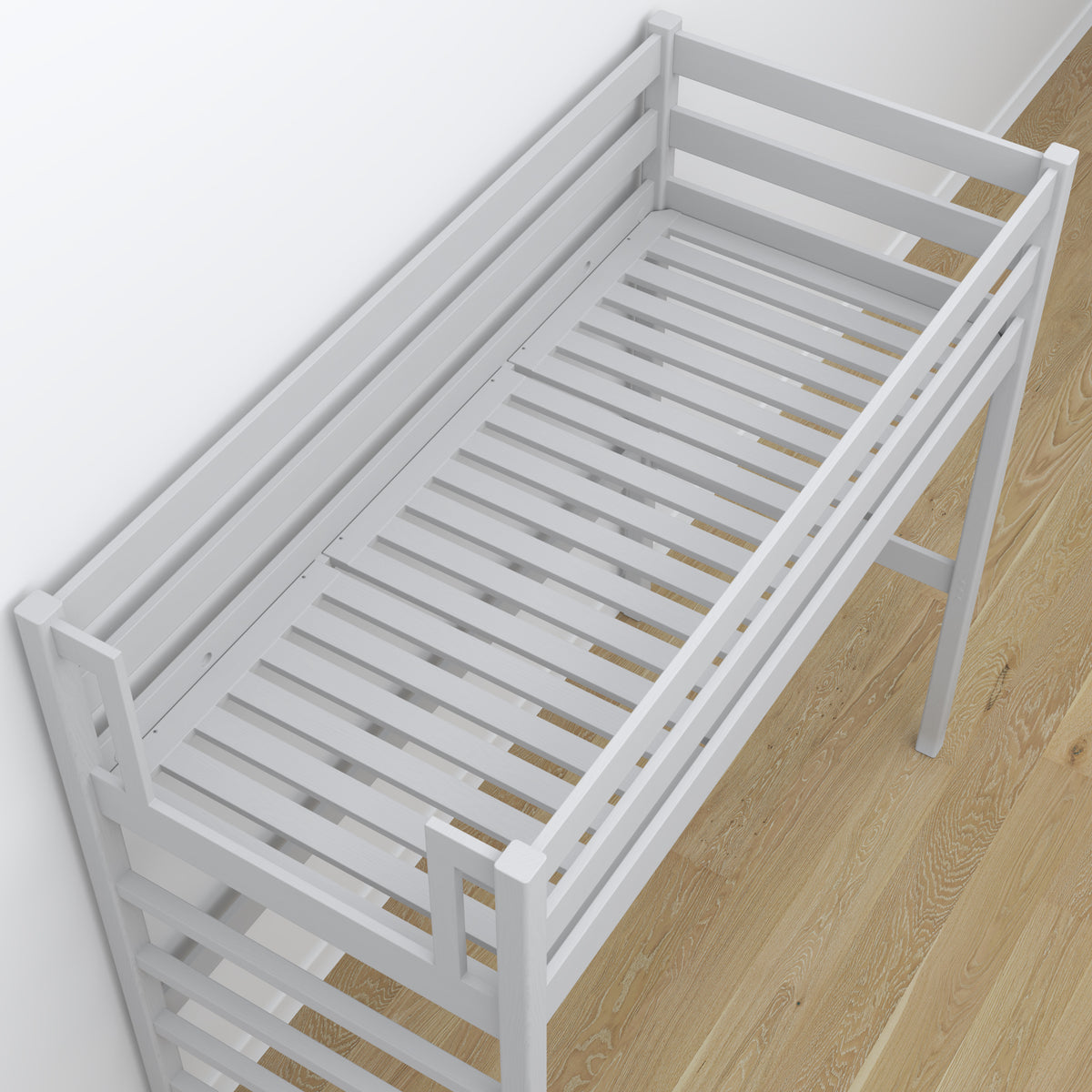 Hoogslaper met bureau houten grijs – details van verbindingen en ladder