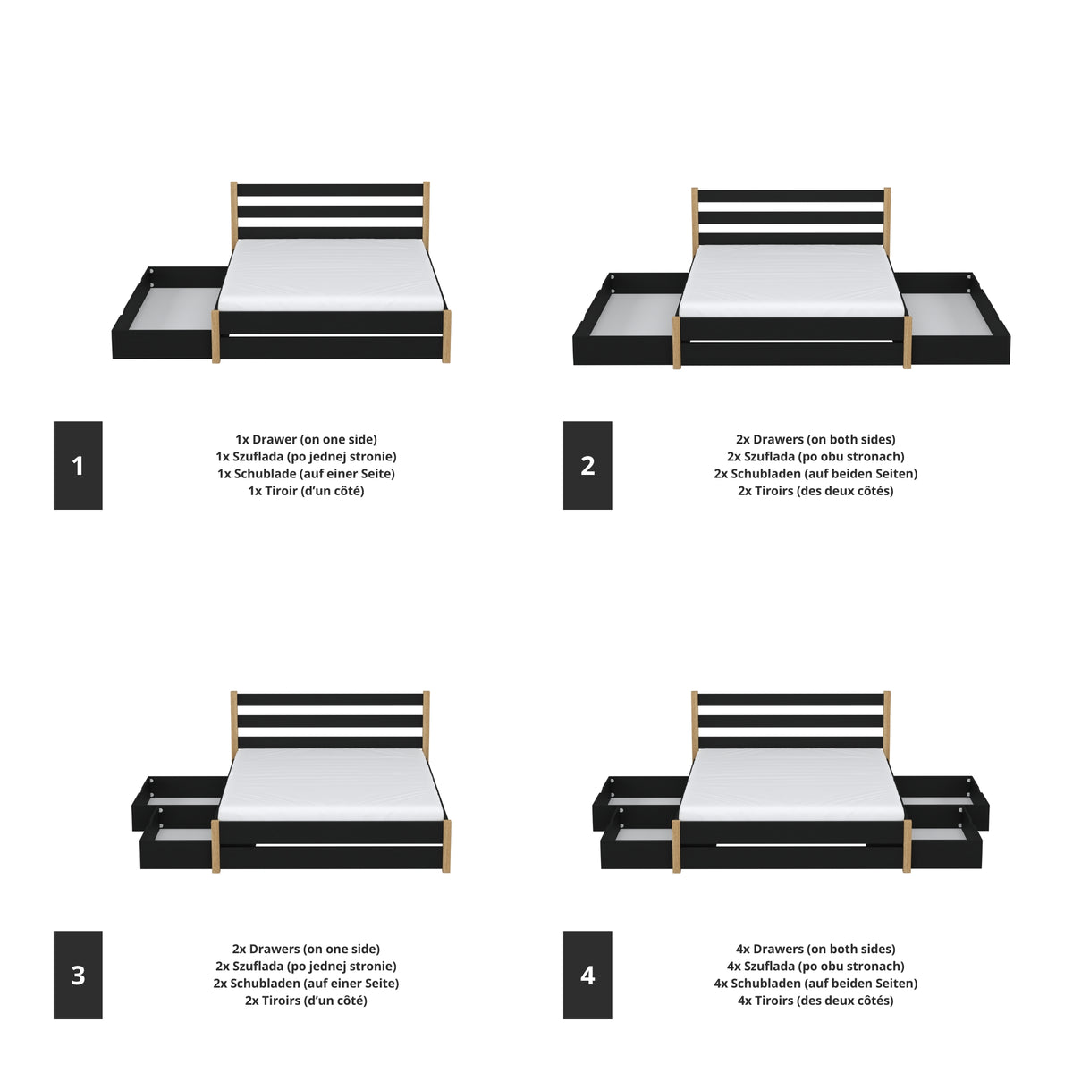 Tweepersoonsbed zwart met eiken met lade in de slaapkamer – Scandinavische inrichting