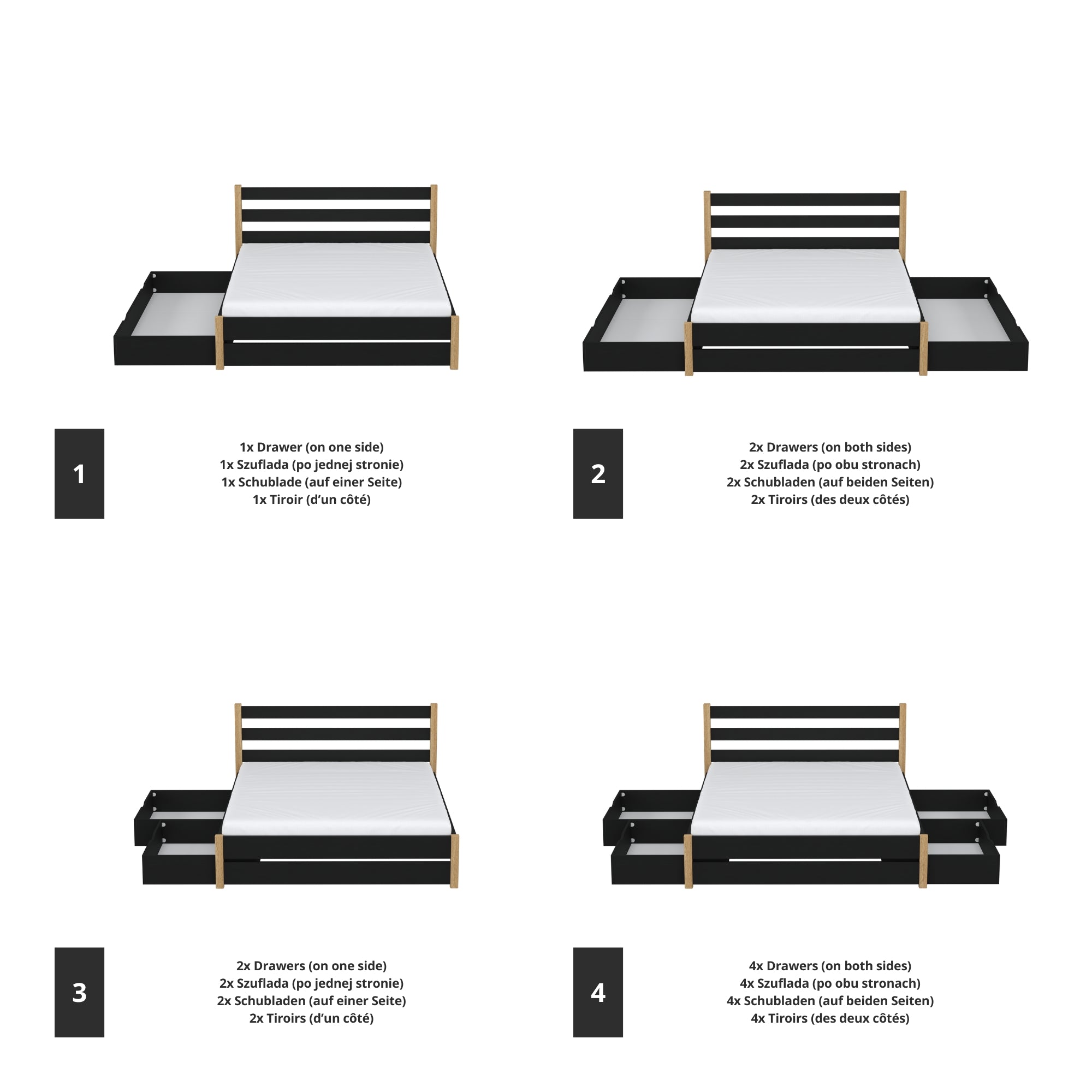 Tweepersoonsbed zwart met eiken met lade in de slaapkamer – Scandinavische inrichting
