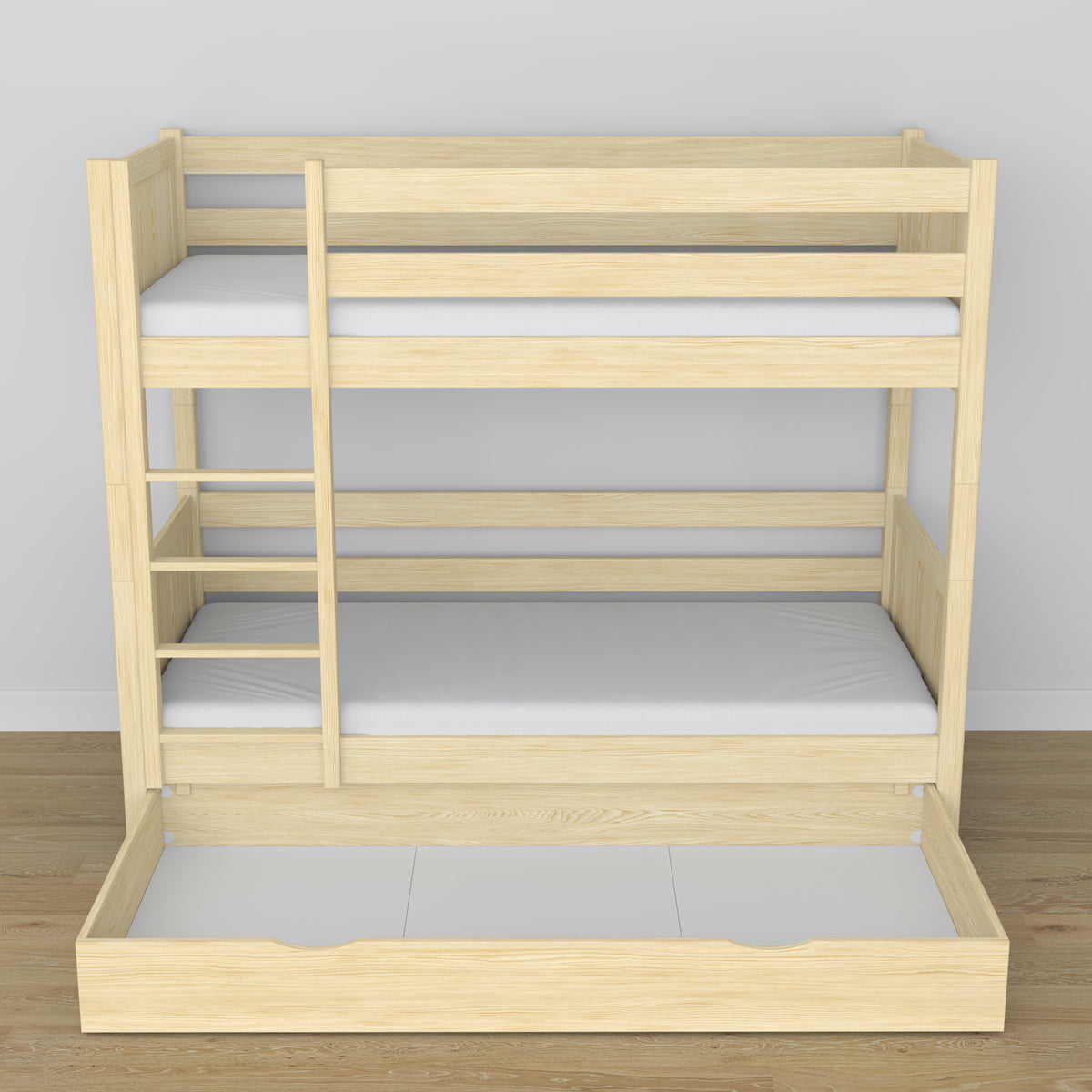 Stapelbed van hout transparant grenen – details van verbindingen en ladder, kinderkamer