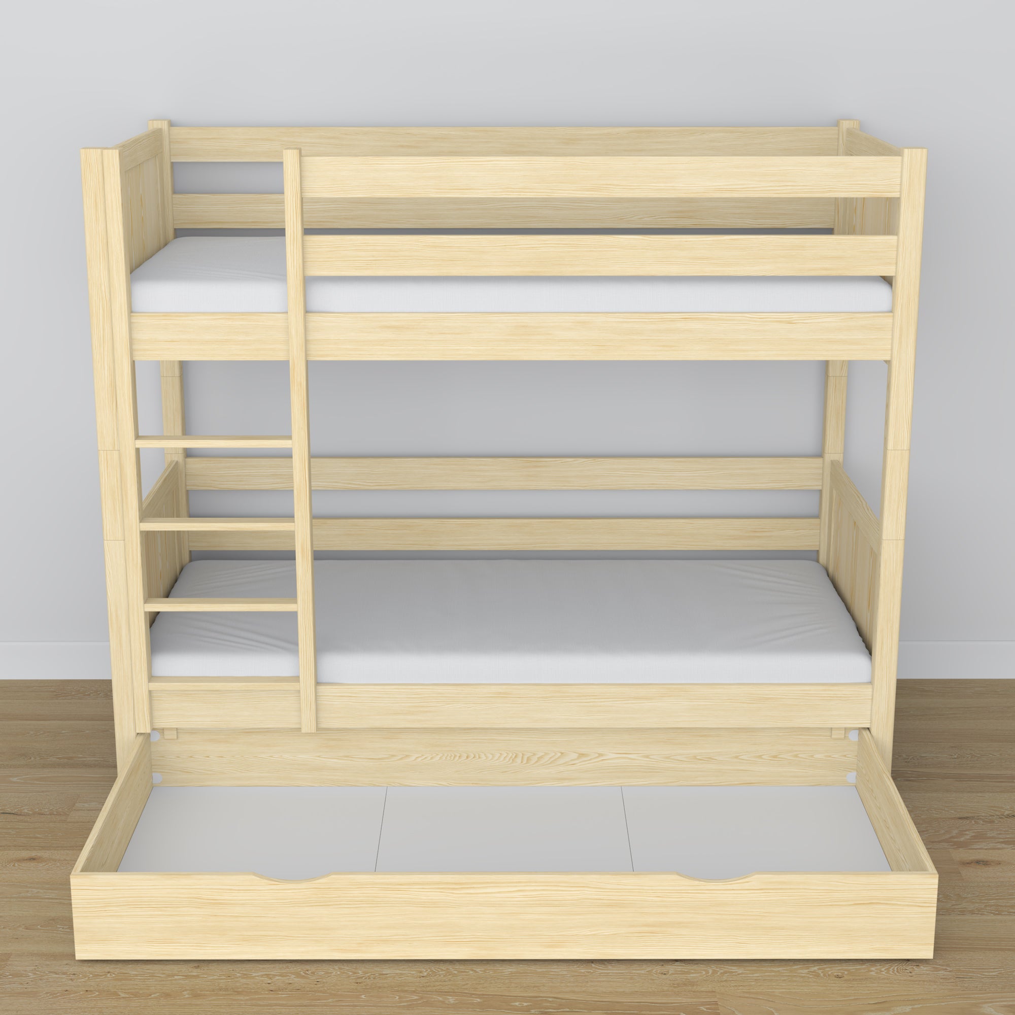 Stapelbed van hout transparant grenen – details van verbindingen en ladder, kinderkamer