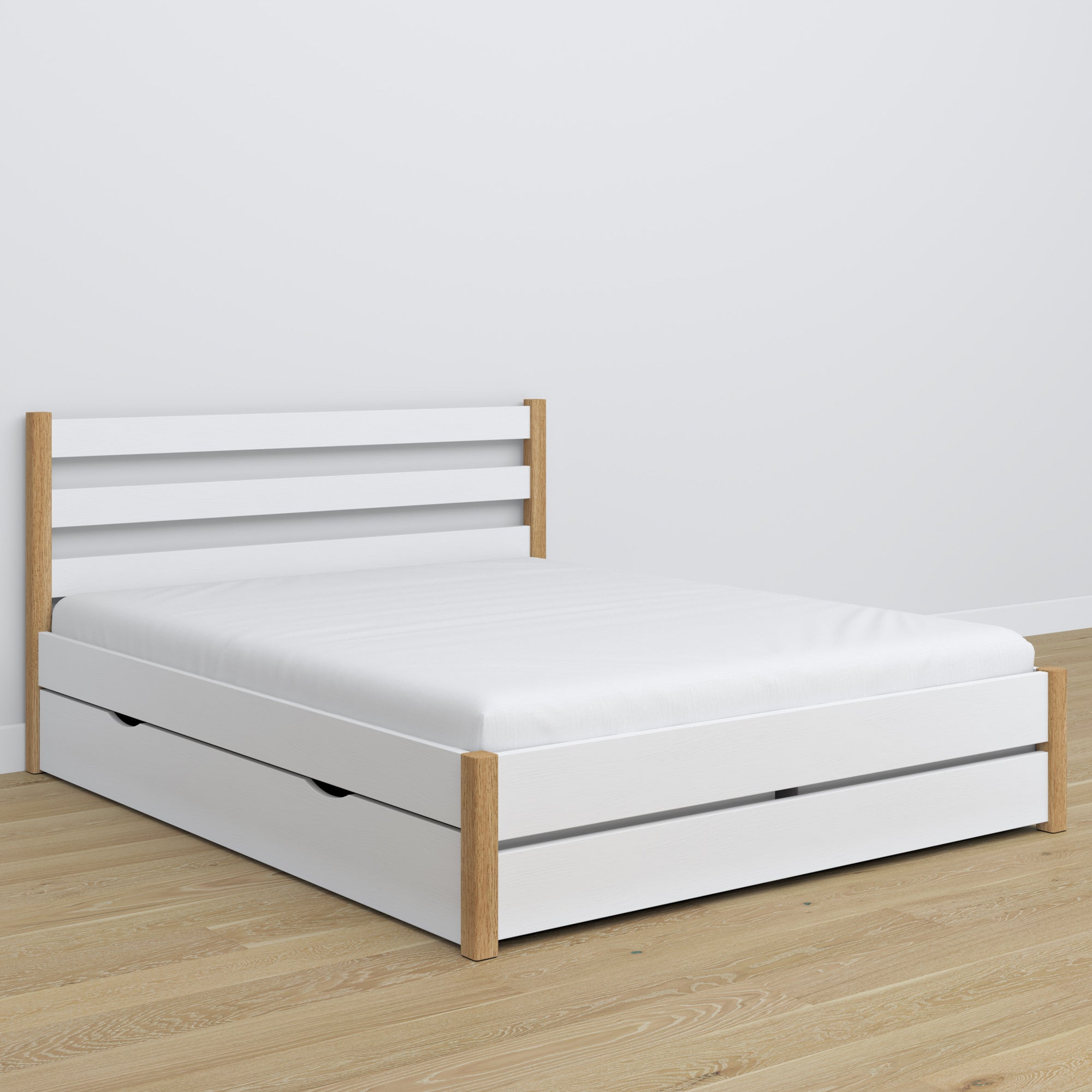 Tweepersoonsbed wit met eiken met lade – houten hoofdeinde, close-up
