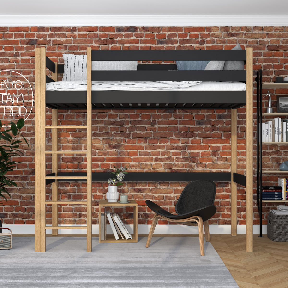 Hoogslaper zwart-eiken – houten ladder en valbescherming, Nizio Home