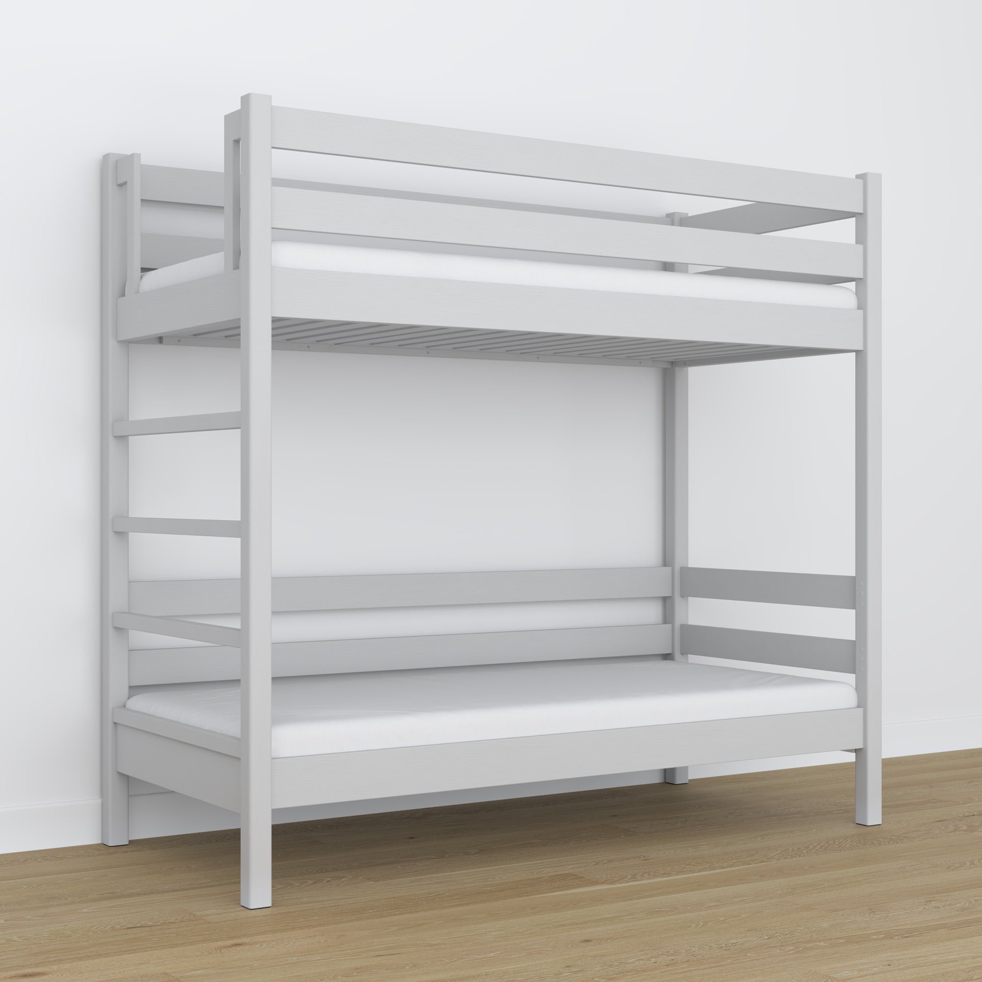 Stapelbed houten grijs – close-up van verbindingen en houtdetails