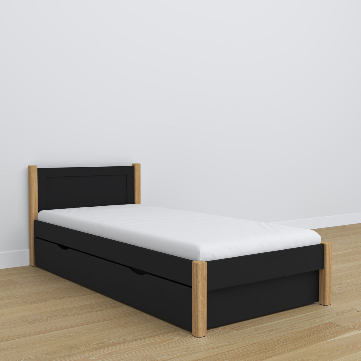 Wooden bed with drawer black-oak – child’s room, scandi arrangement