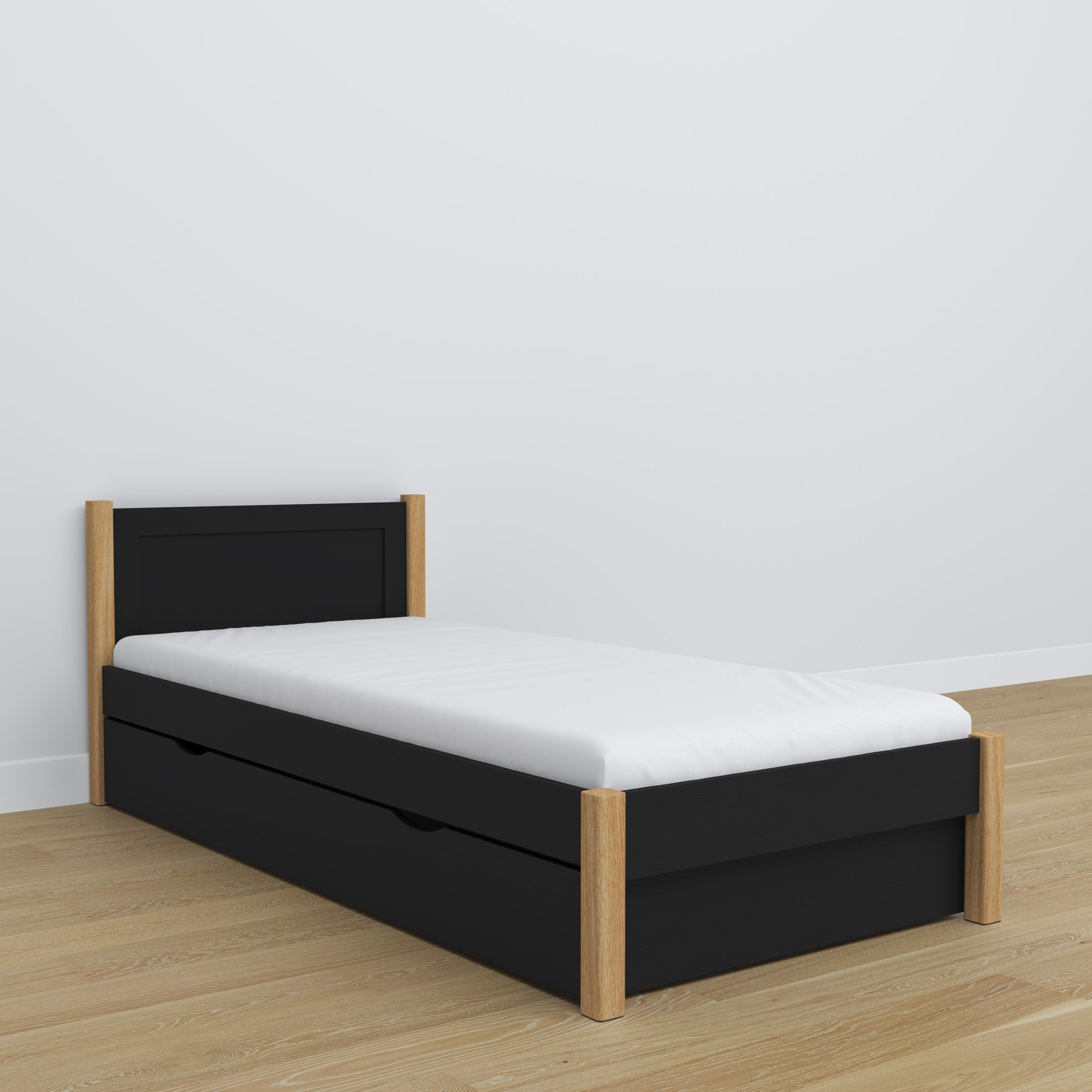Wooden bed with drawer black-oak – child’s room, scandi arrangement
