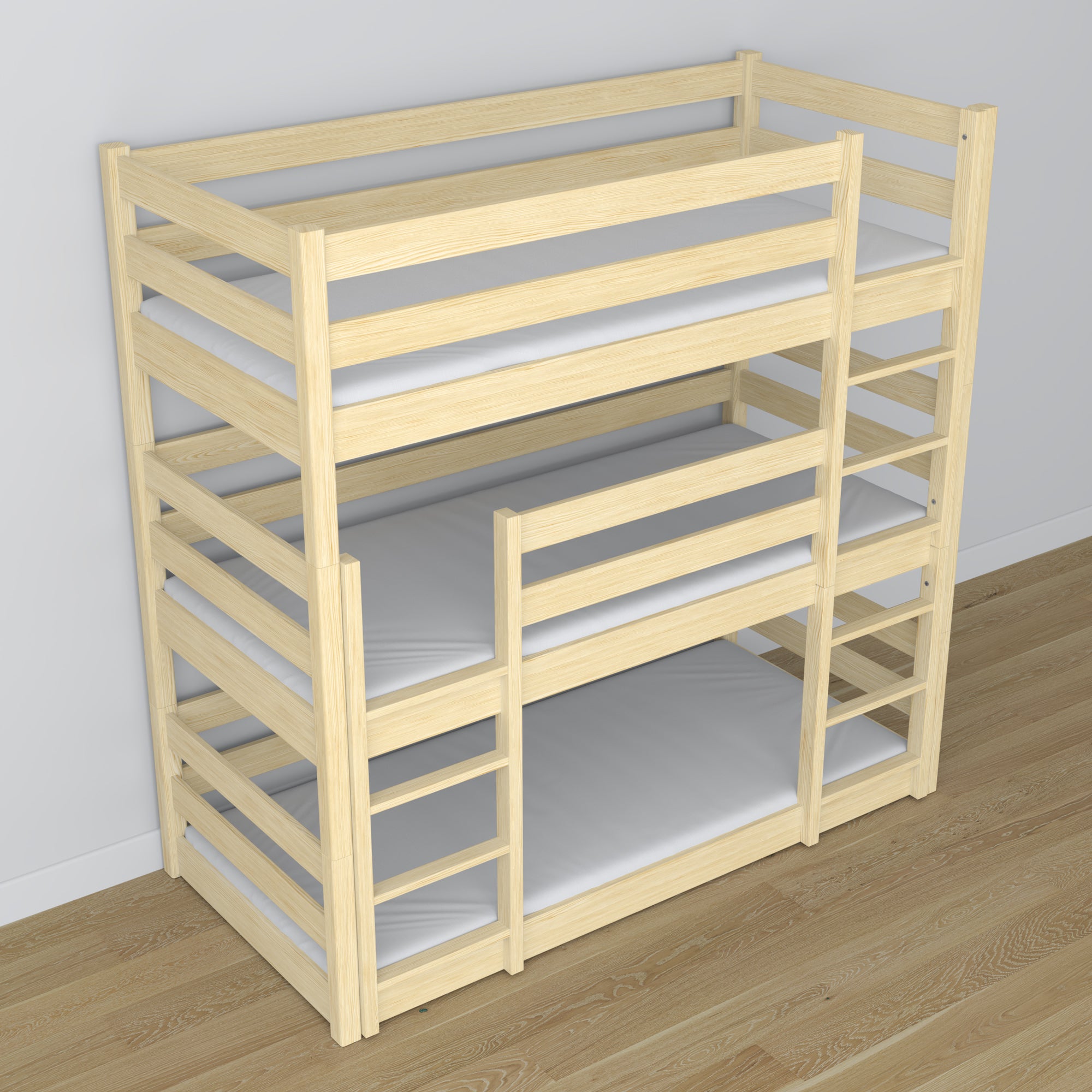 Drielaags stapelbed transparant grenen in kinderkamer – scandi inrichting, Nizio