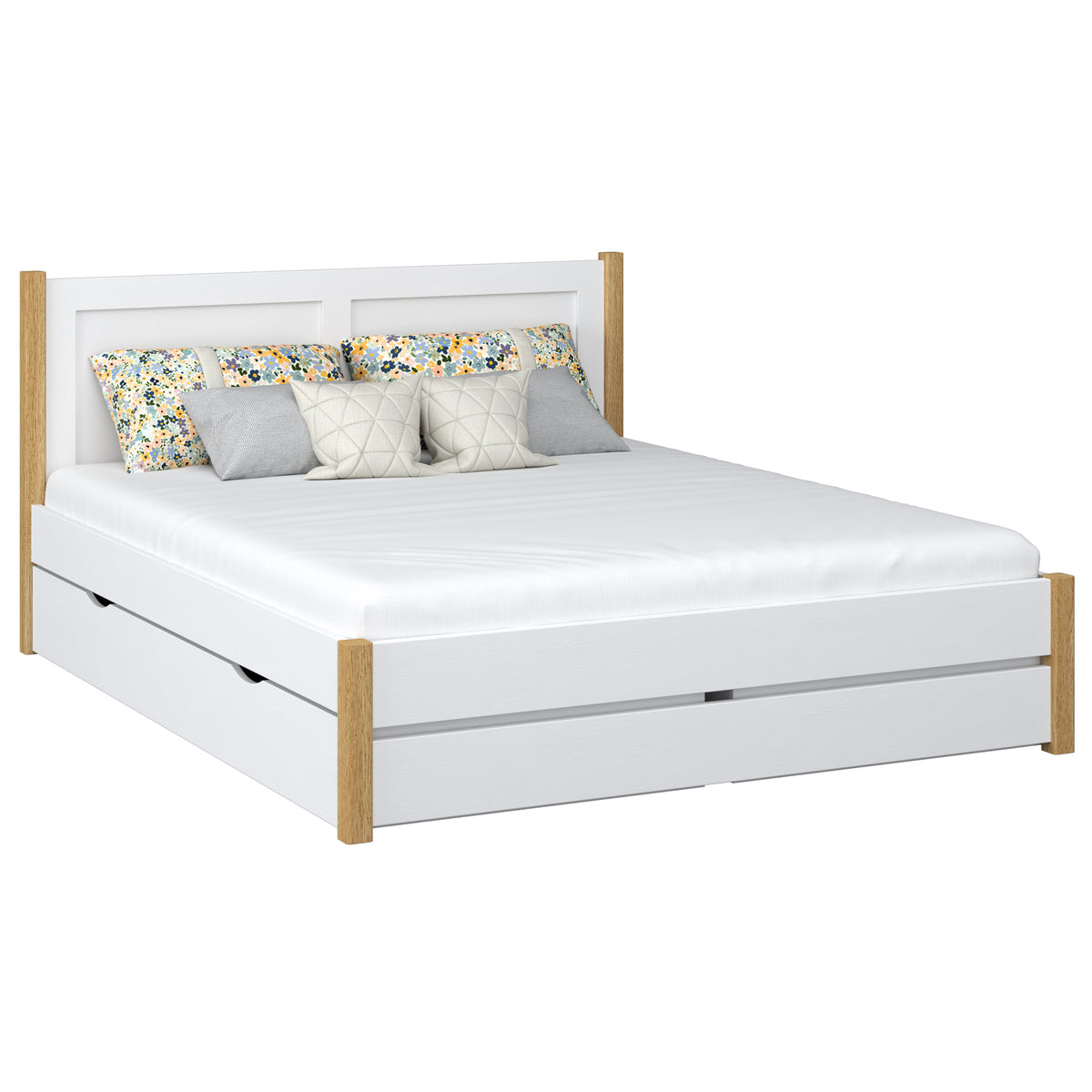Tweepersoonsbed met lade houten wit met eiken – slaapkamer, opbergruimte, scandi stijl
