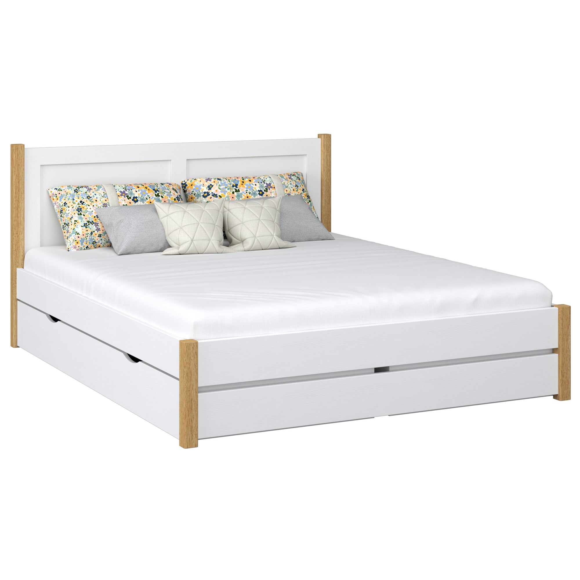 Tweepersoonsbed met lade houten wit met eiken – slaapkamer, opbergruimte, scandi stijl