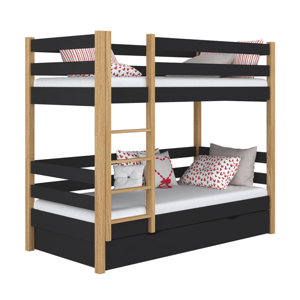Lit superposé avec tiroir en bois noir-chêne – chambre d'enfant, bois massif, scandinave