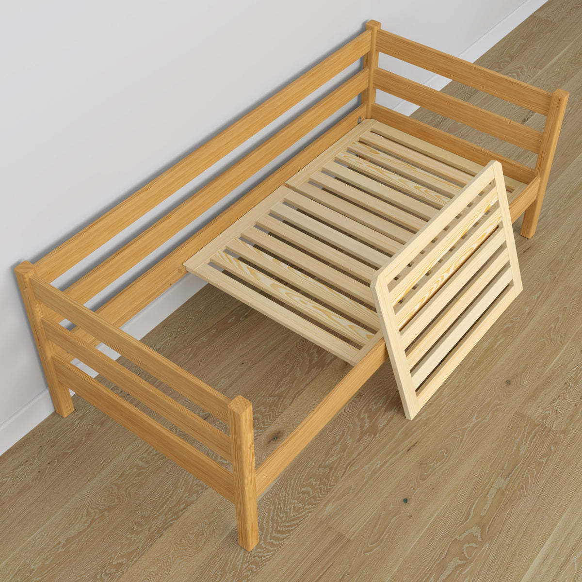 Natural pine sofa bed with mattress drawer made of wood – dimensions, Nizio