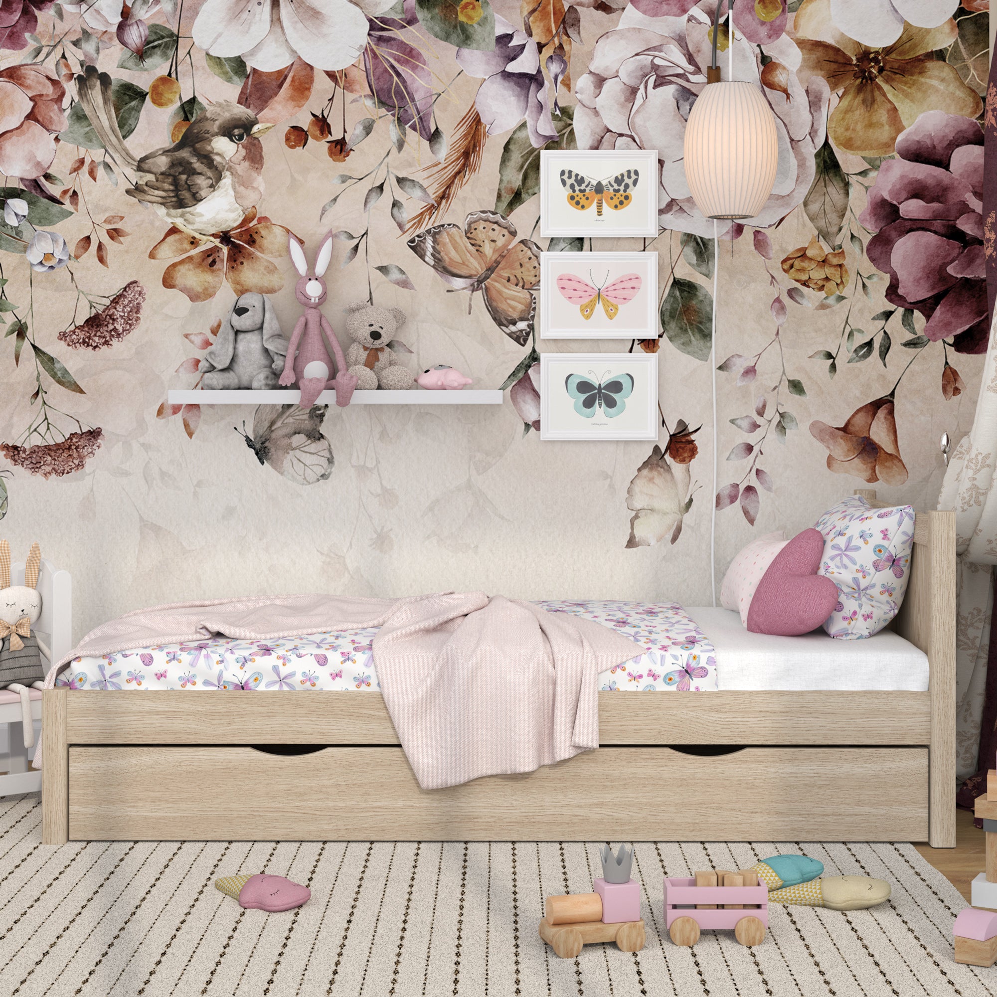 Bed gewit eiken met lade – zijaanzicht, eikenhouten, Nizio Home
