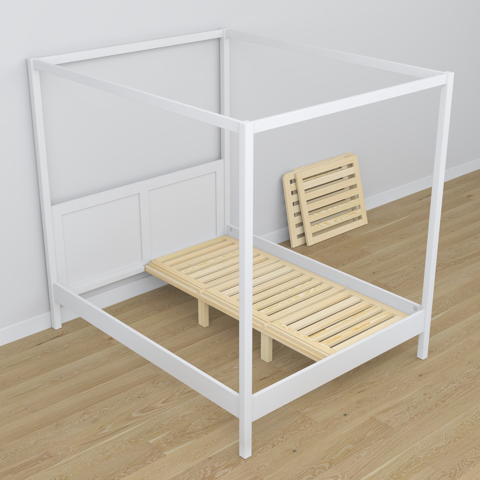 Bed met hemelbed wit van hout – zijaanzicht, scandi stijl