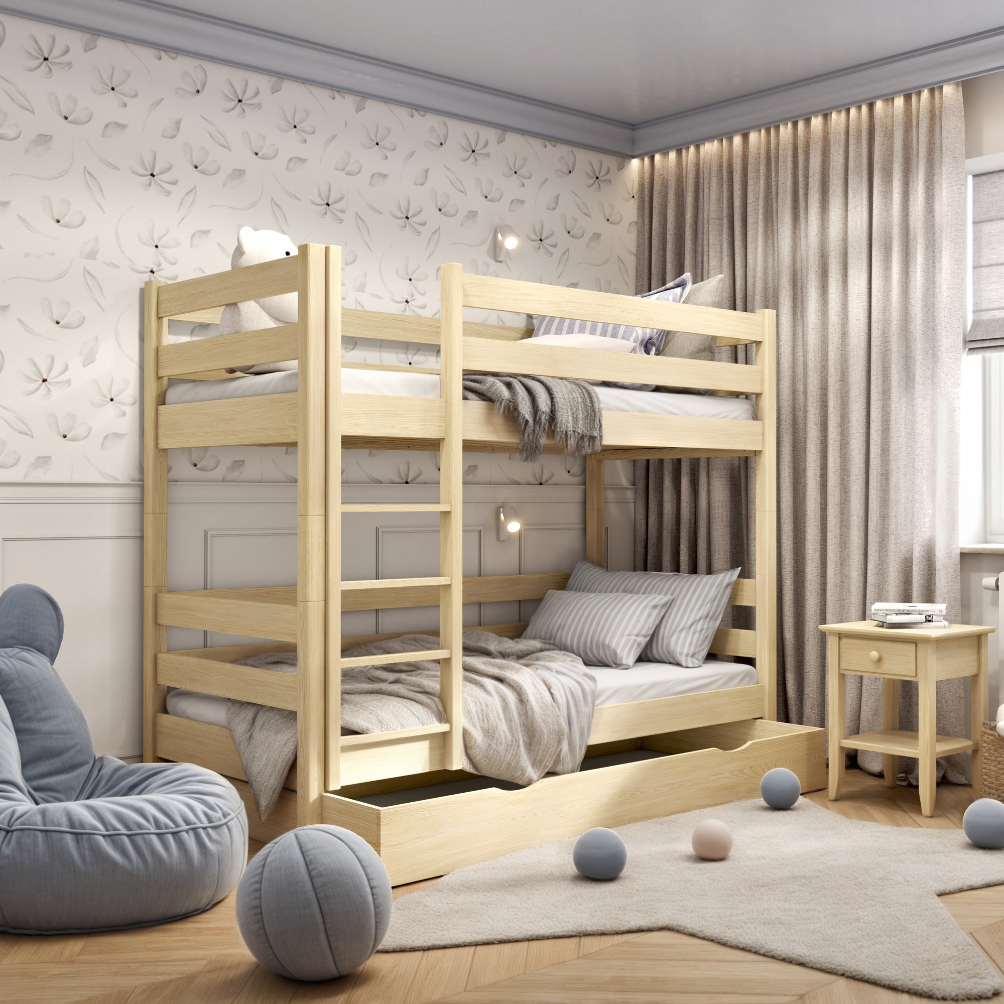 Stapelbed transparant grenen met lade – houten bedhekken en ladder, Nizio