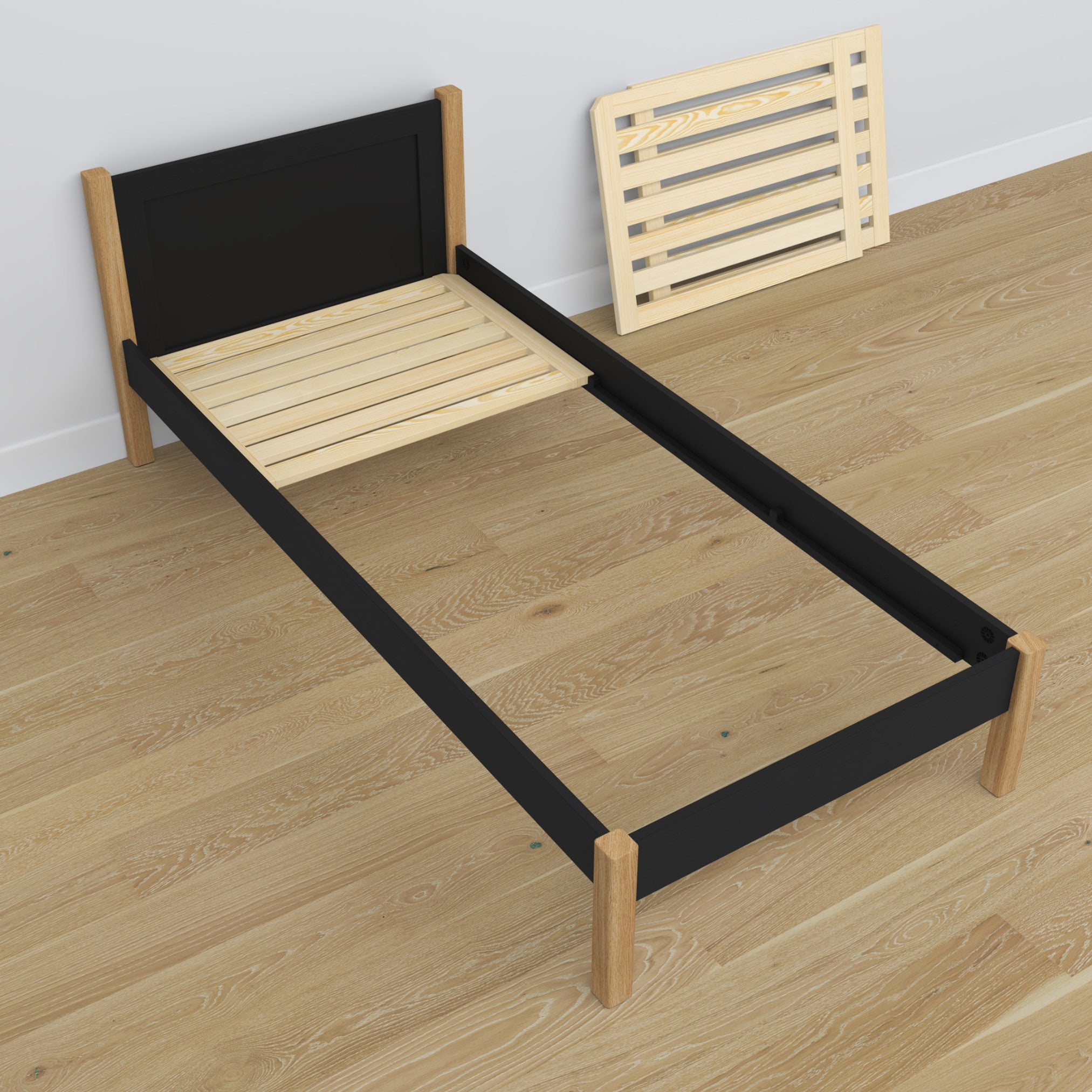 Wooden bed with drawer black-oak – headboard, close-up of wood quality