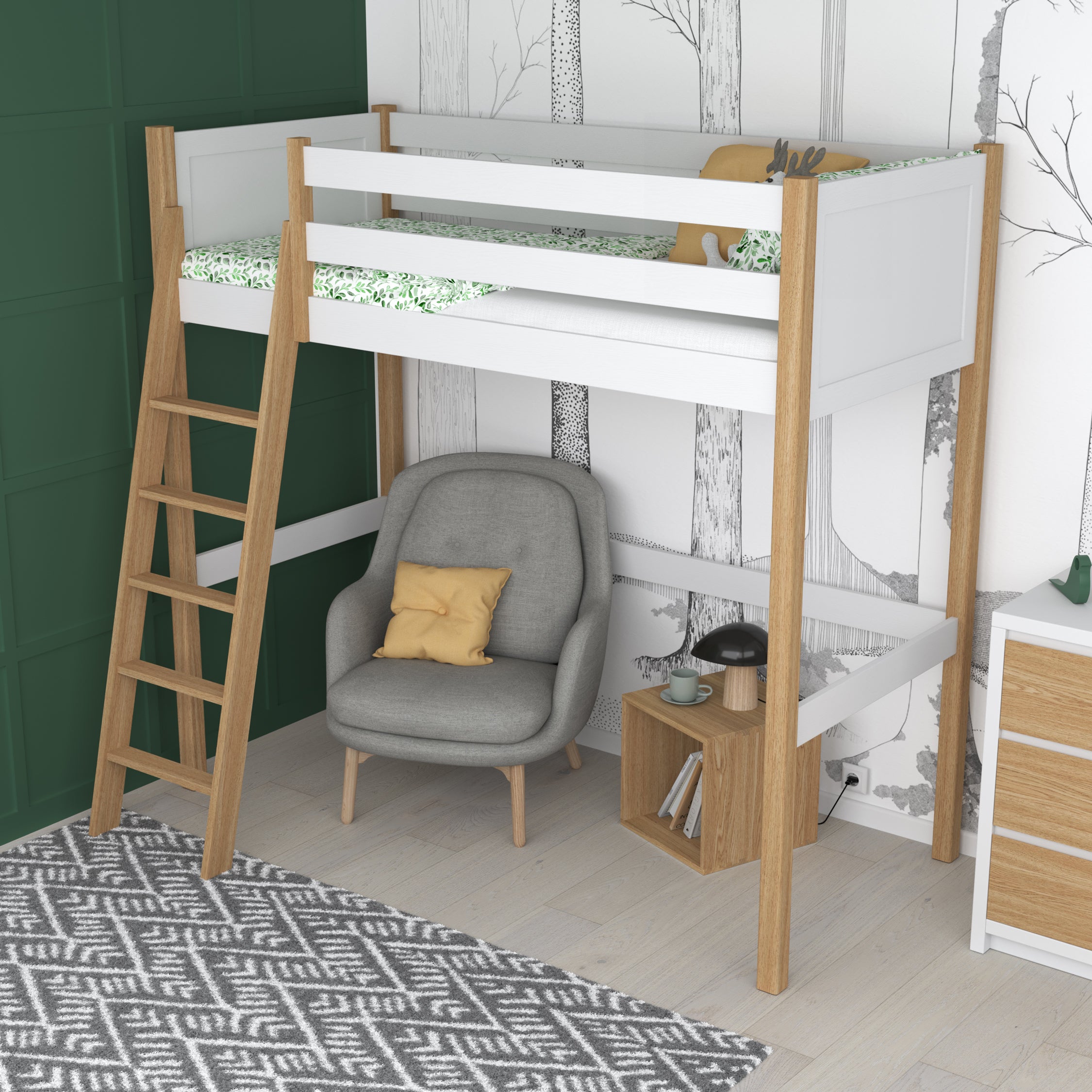Houten hoogslaperbed wit-eiken in de kinderkamer – scandi inrichting, houten