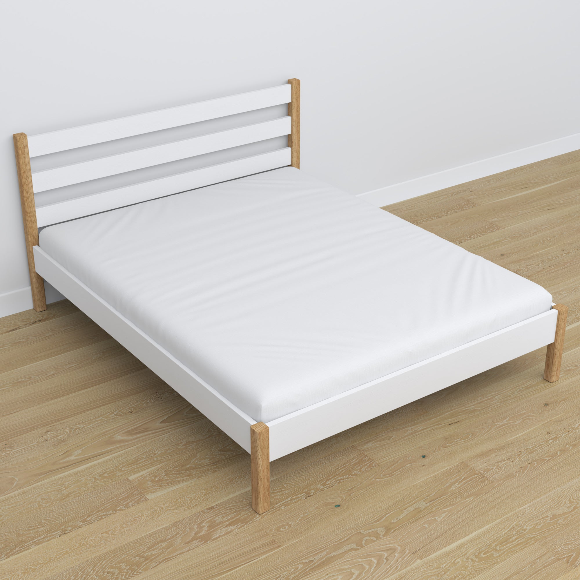 Tweepersoonsbed wit-eiken in slaapkamer – inrichting met beddengoed, scandi stijl