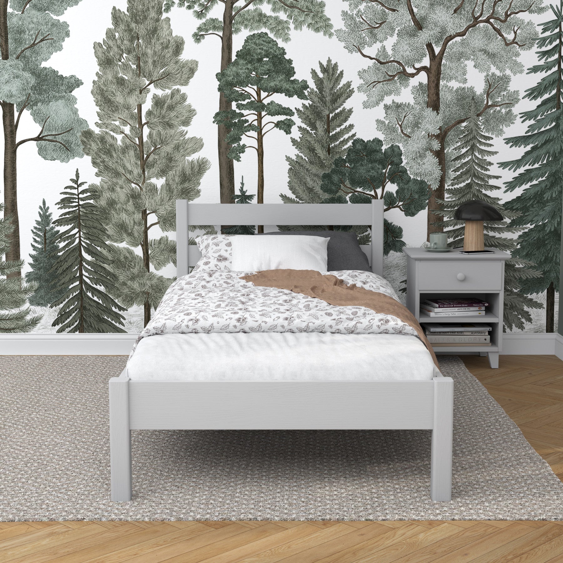 Bed grey in a children’s room – Scandinavian arrangement, wooden
