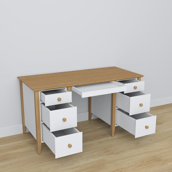 Bureau 6S en bois blanc avec chêne – tiroirs ouverts, rangements pour documents