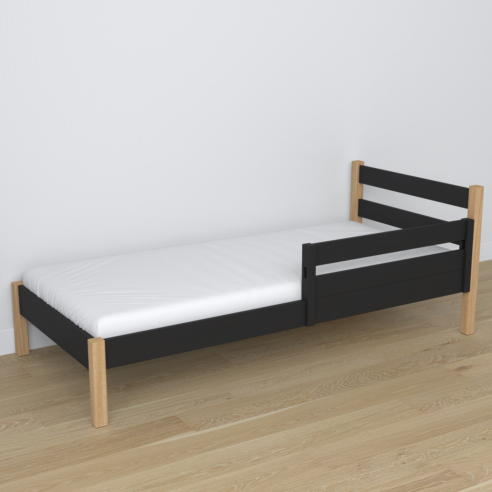 Barrière de protection en bois noir dans le lit enfant – décoration scandinave
