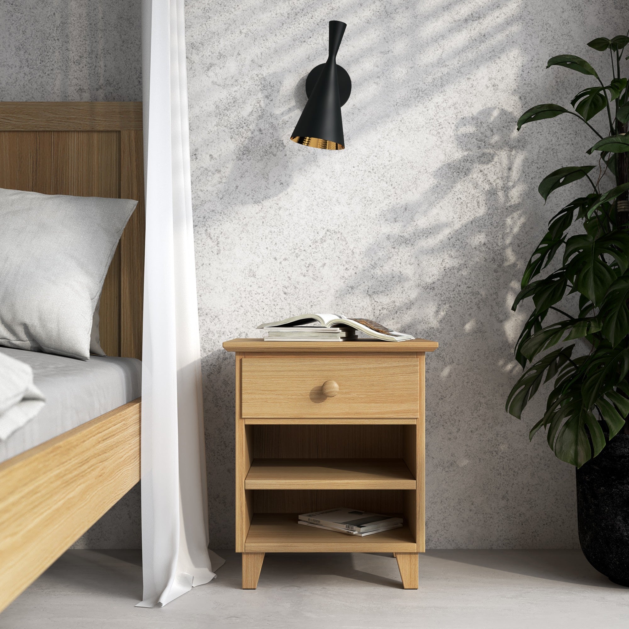 Table de chevet N02 en chêne chêne naturel – tiroir ouvert, rangement près du lit