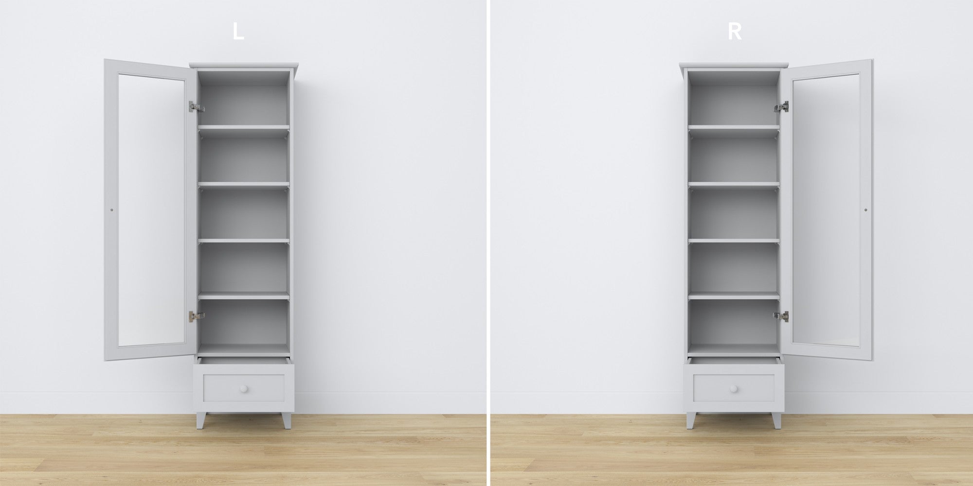Display cabinet 1S wooden grey – open doors, shelves and drawer inside
