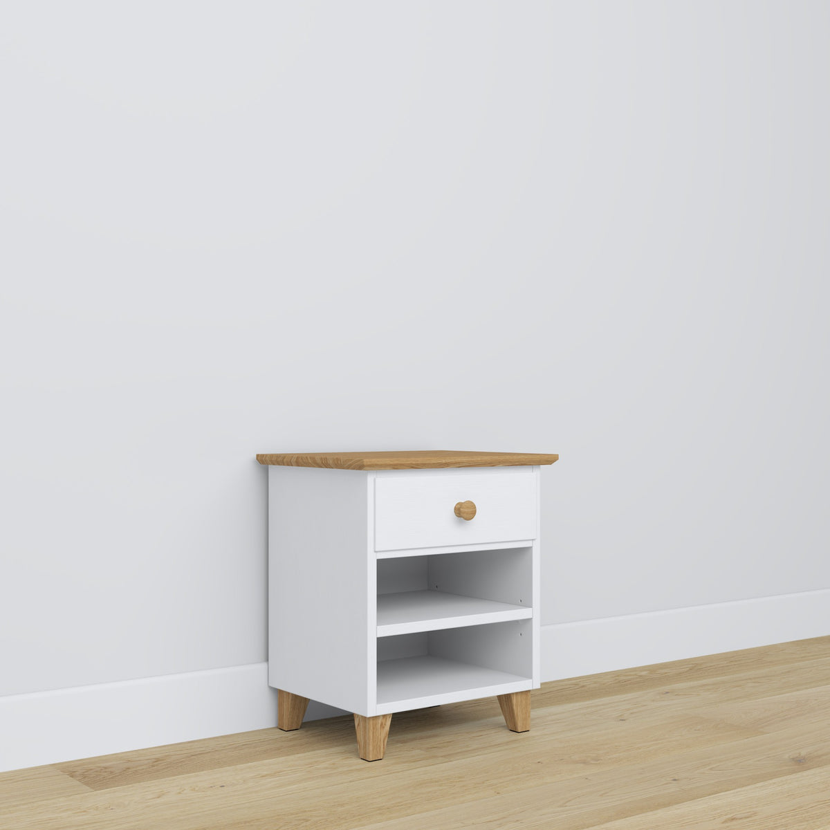 Table de chevet N02 blanc avec chêne – en bois, vue frontale, Nizio Home