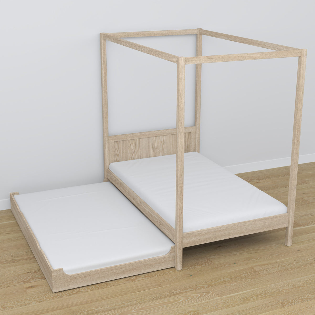 Bed met hemel eiken gewit eiken – lade uitgeschoven, slaapplaats voor gast