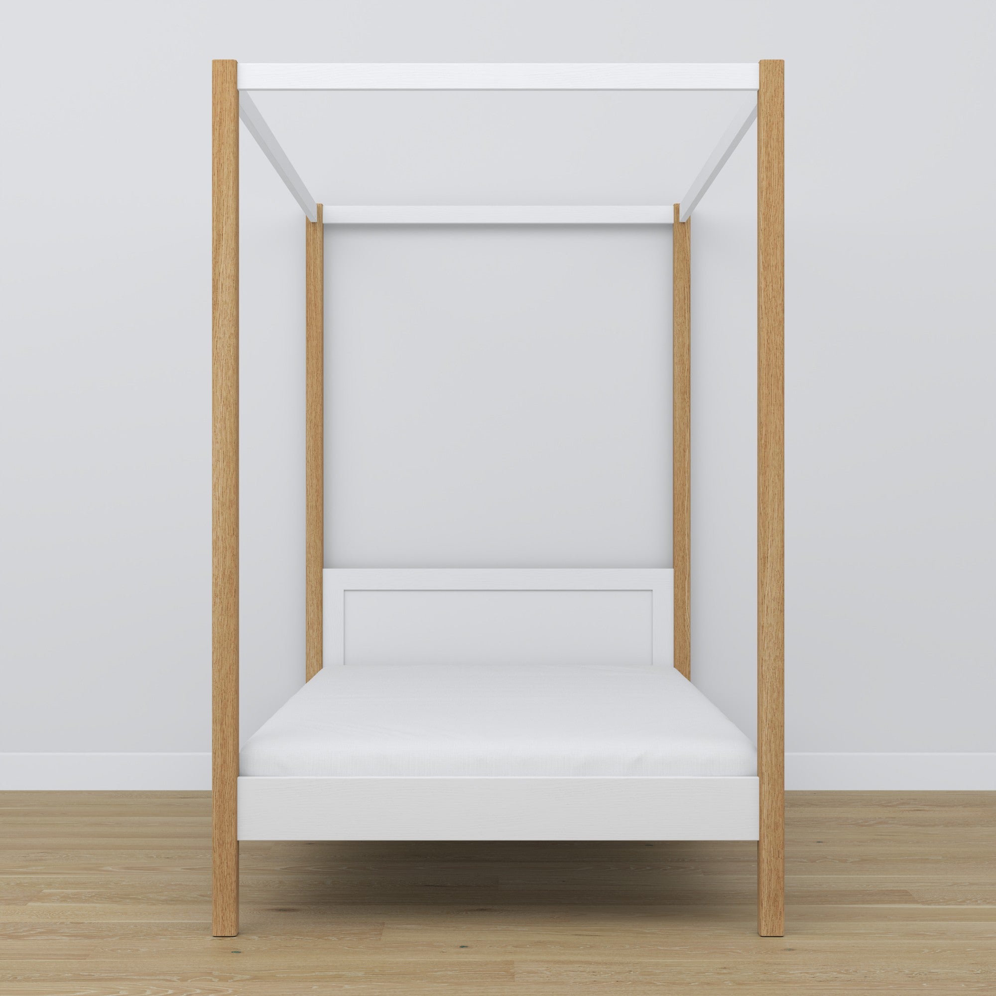 Hemelbed houten wit-eiken – close-up op hemel en hoofdeinde