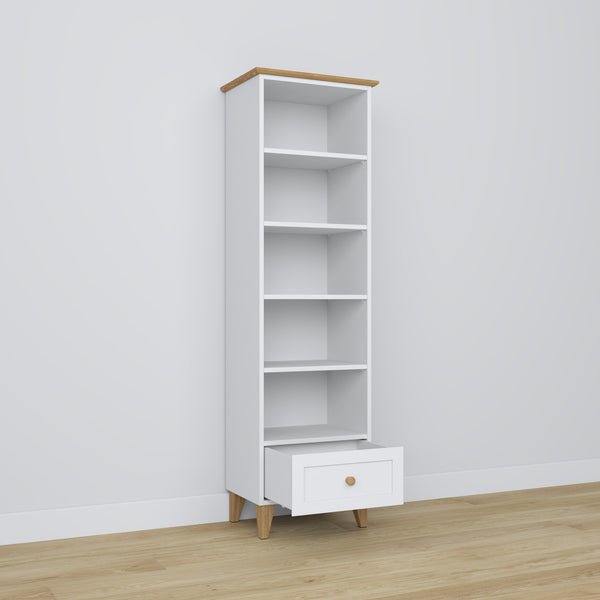 Étagère 1S en bois blanc avec chêne – tiroir ouvert, rangement pour petits objets