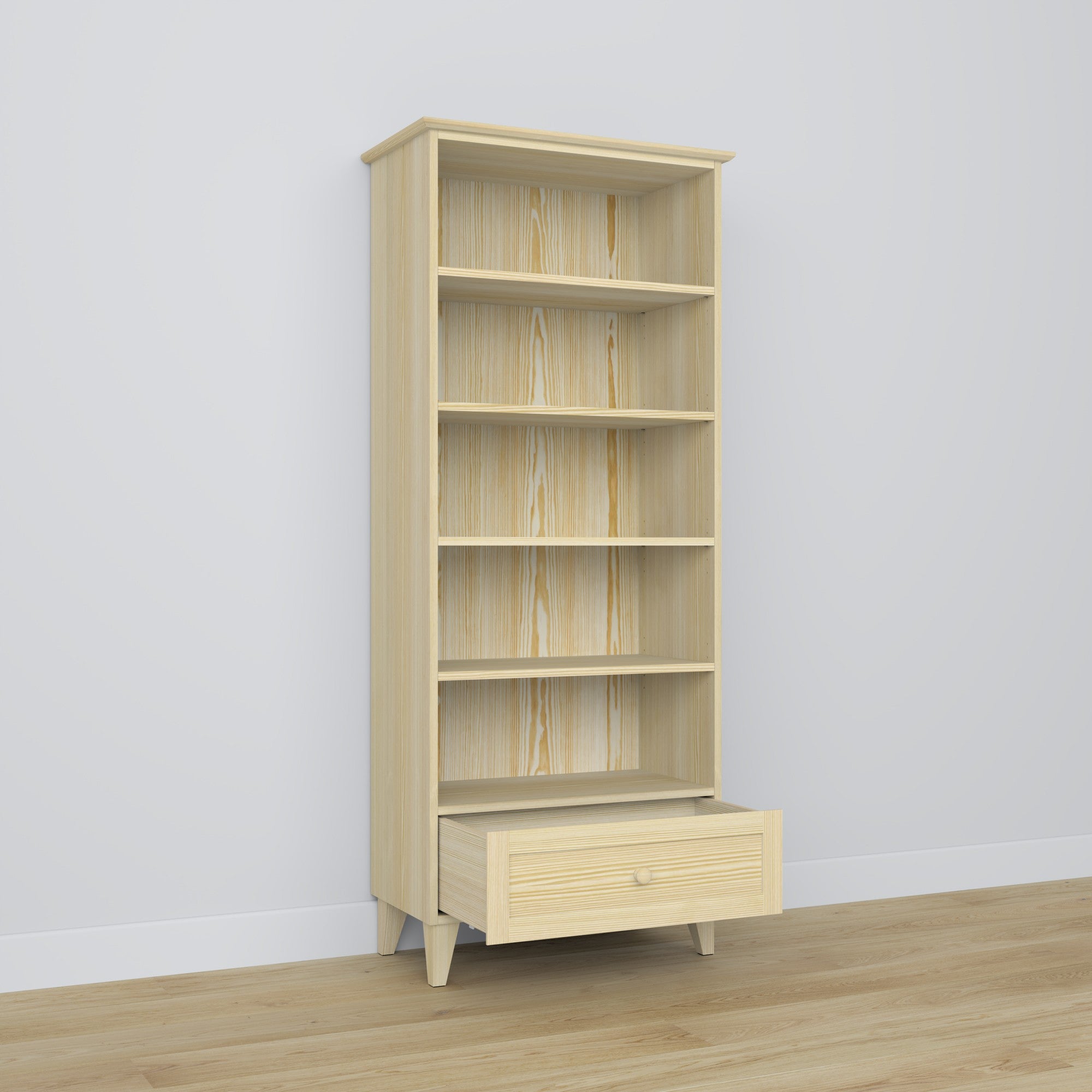 Bookcase 1S pine clear pine – open drawer, storage for small items