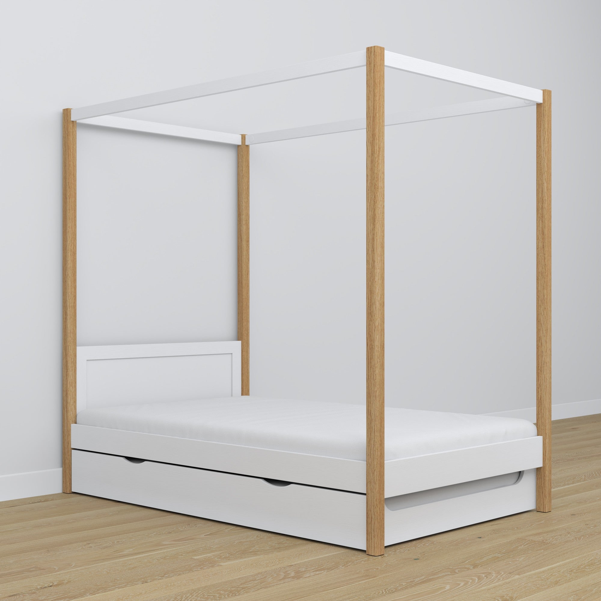 Bed wit-eiken met hemelbed – lade voor extra matras, houten