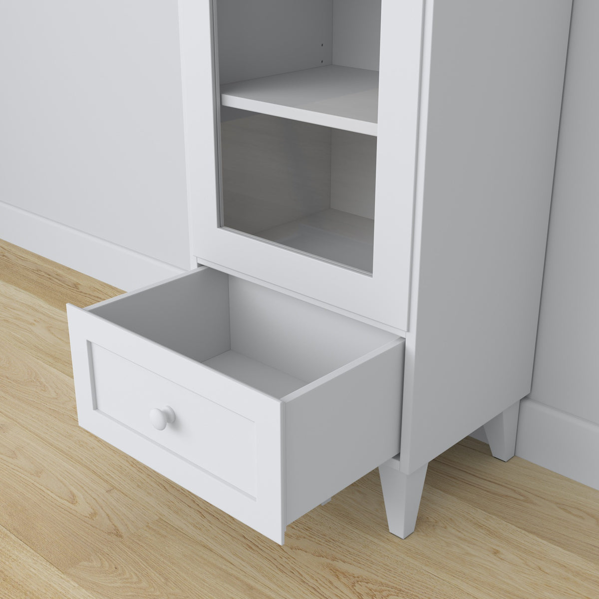 Display cabinet 1S wooden white in living room – Scandinavian arrangement, Nizio