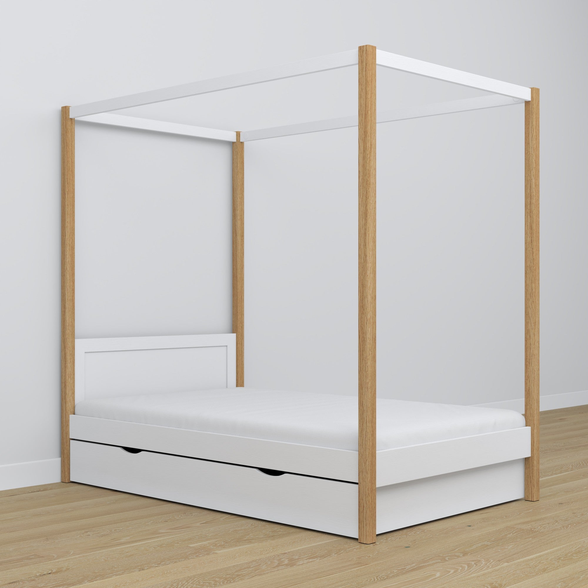 Hemelbed houten wit-eiken in kinderkamer – scandinavische inrichting
