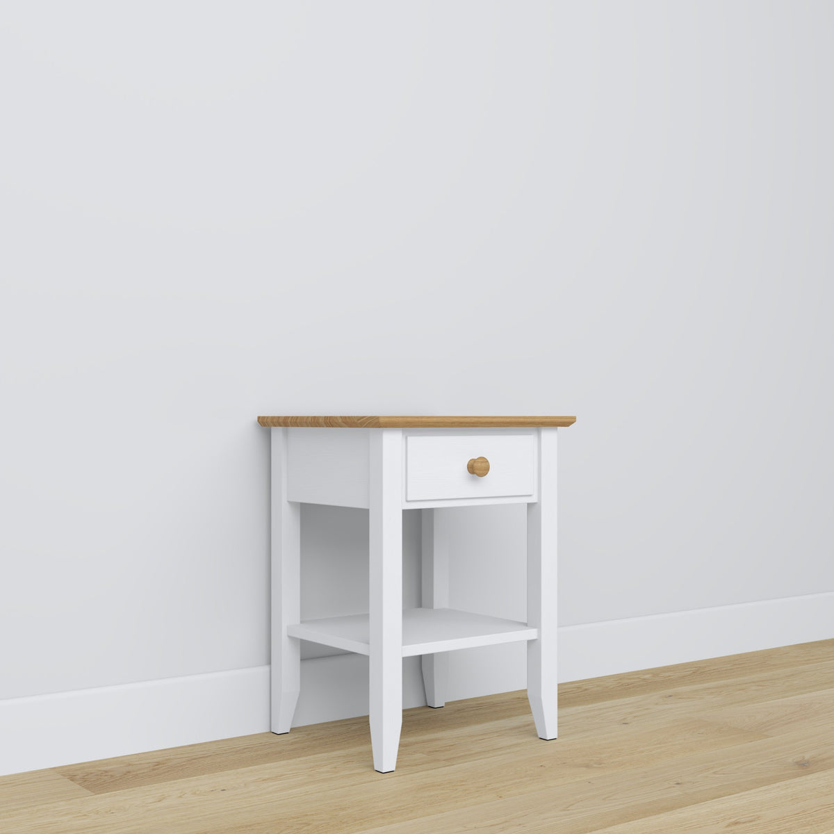 Nachtkastje N01 wit met eiken – houten, vooraanzicht, Nizio Home