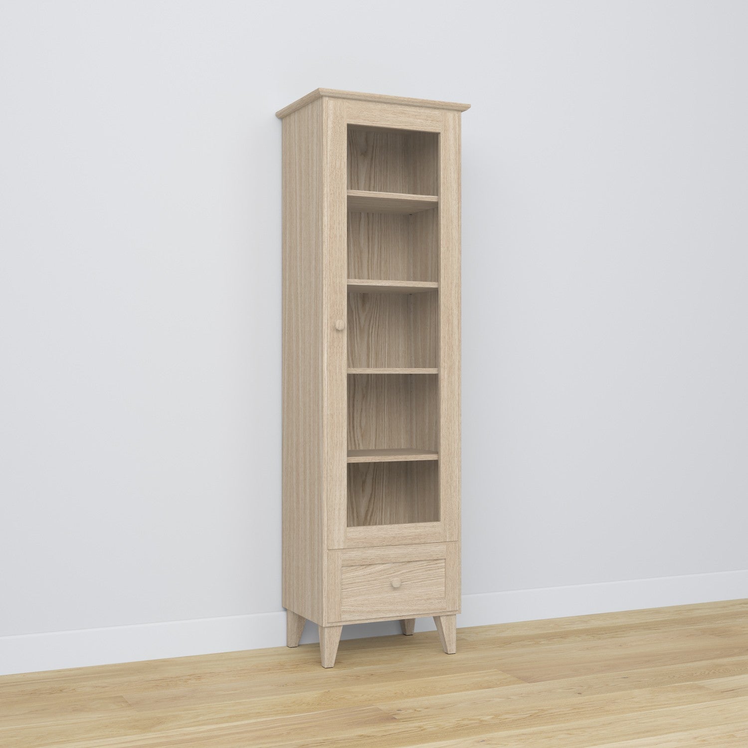 Vitrinekast 1S eikenhouten gewit eiken – deuren open, planken en lade binnen