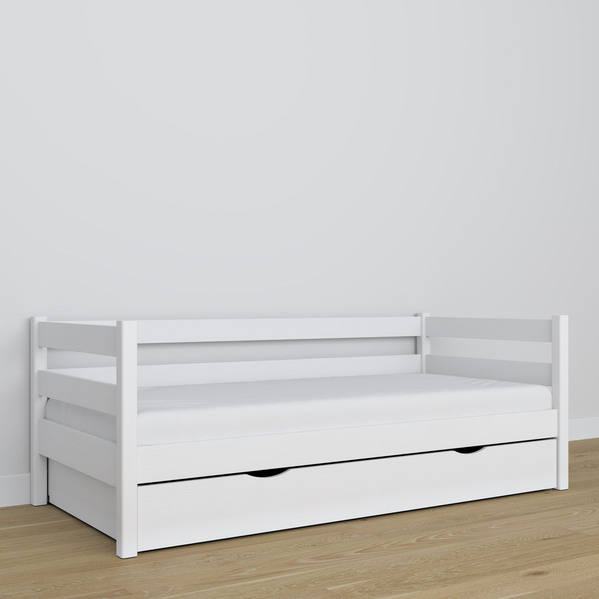 Slaapbank met lade houten wit – kinderkamer, scandinavische inrichting