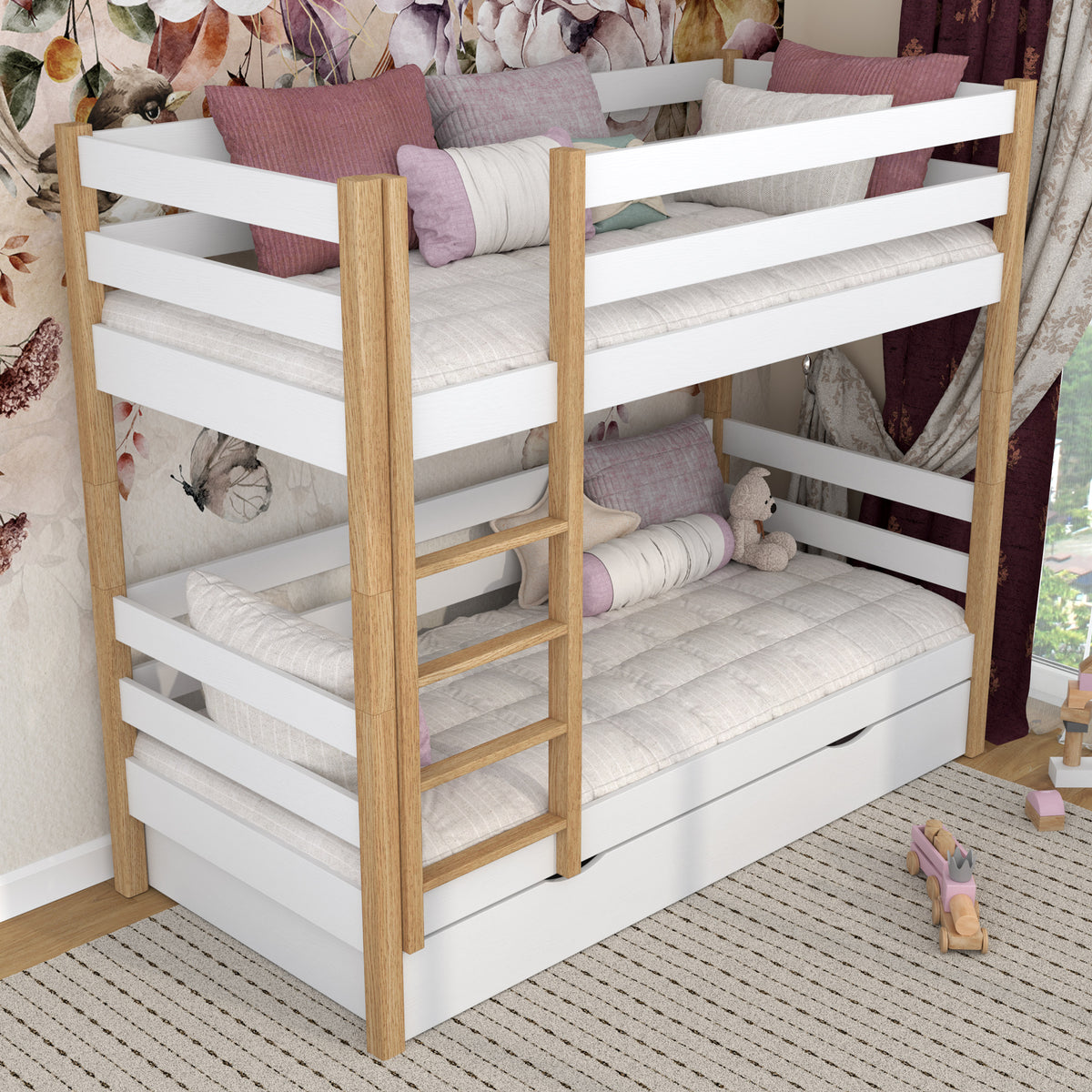 Stapelbed wit-eiken voor kinderen – twee slaapplaatsen en lade, houten