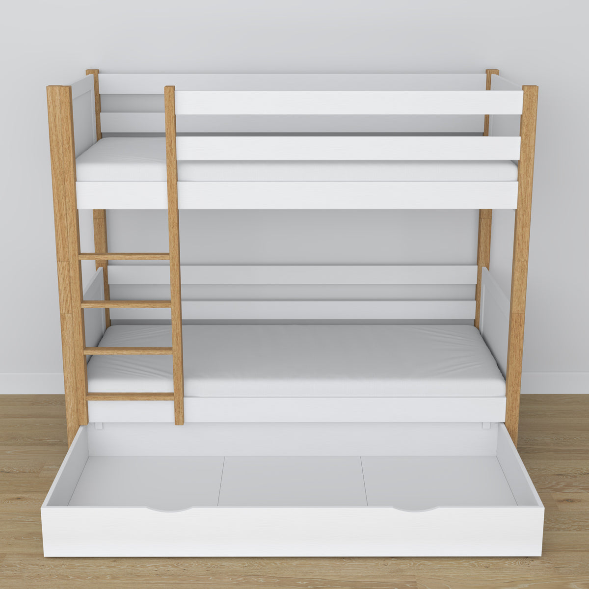 Lit superposé en bois blanc-chêne – détails des assemblages et de l'échelle, chambre d'enfant