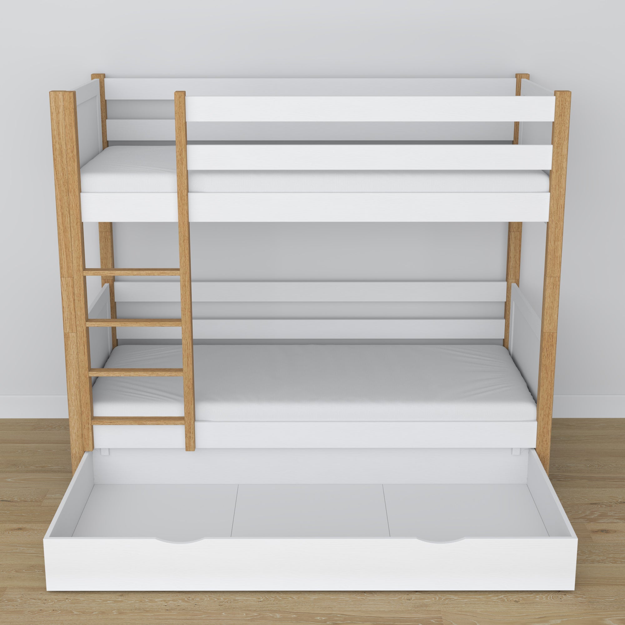 Lit superposé en bois blanc-chêne – détails des assemblages et de l'échelle, chambre d'enfant