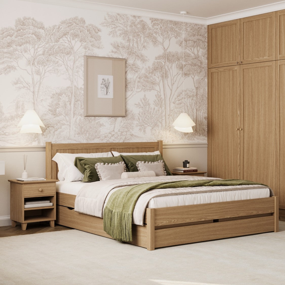 Tweepersoonsbed naturel eiken met lade – eiken hoofdeinde, close-up