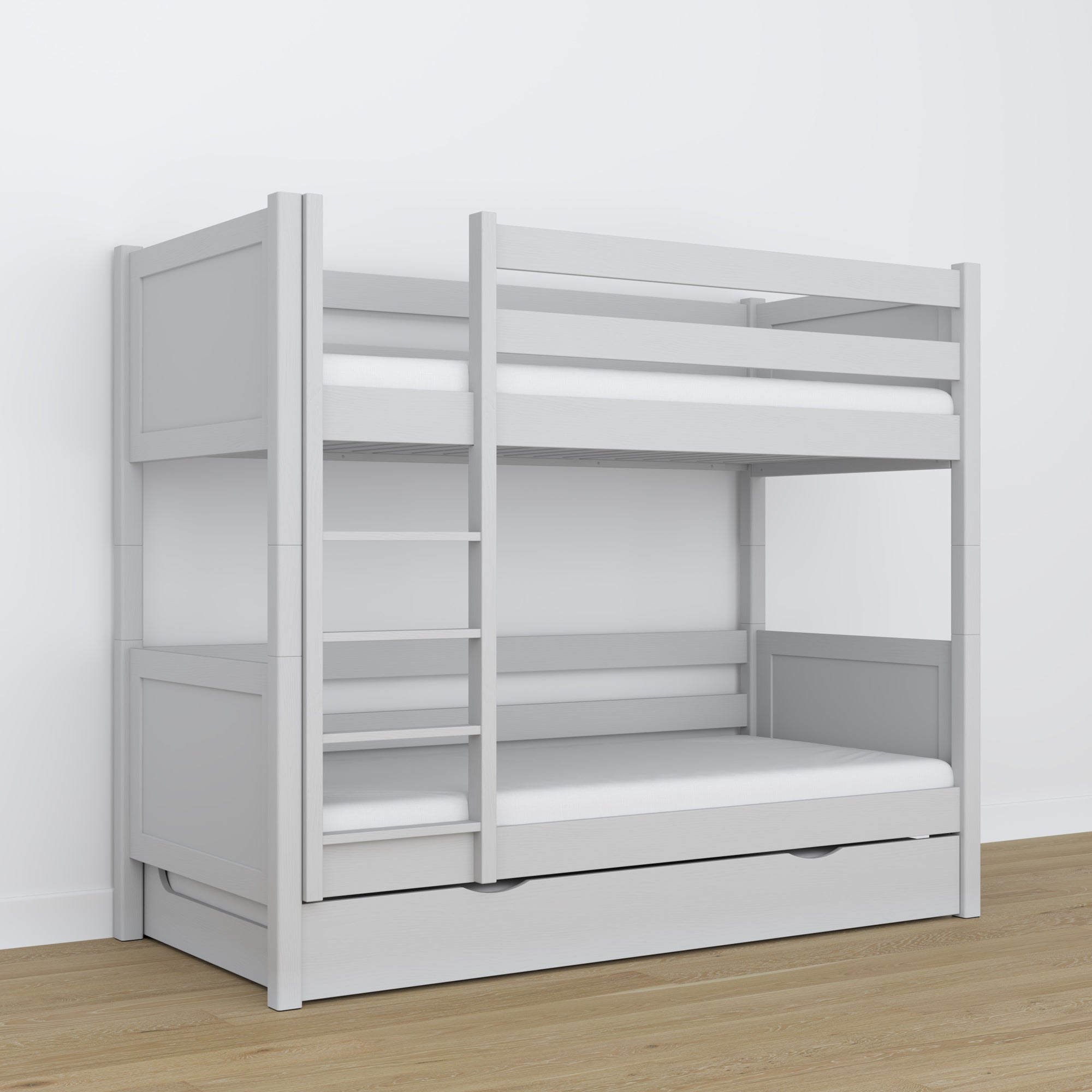 Stapelbed houten grijs – binnenkant matraslade, kinderkamer