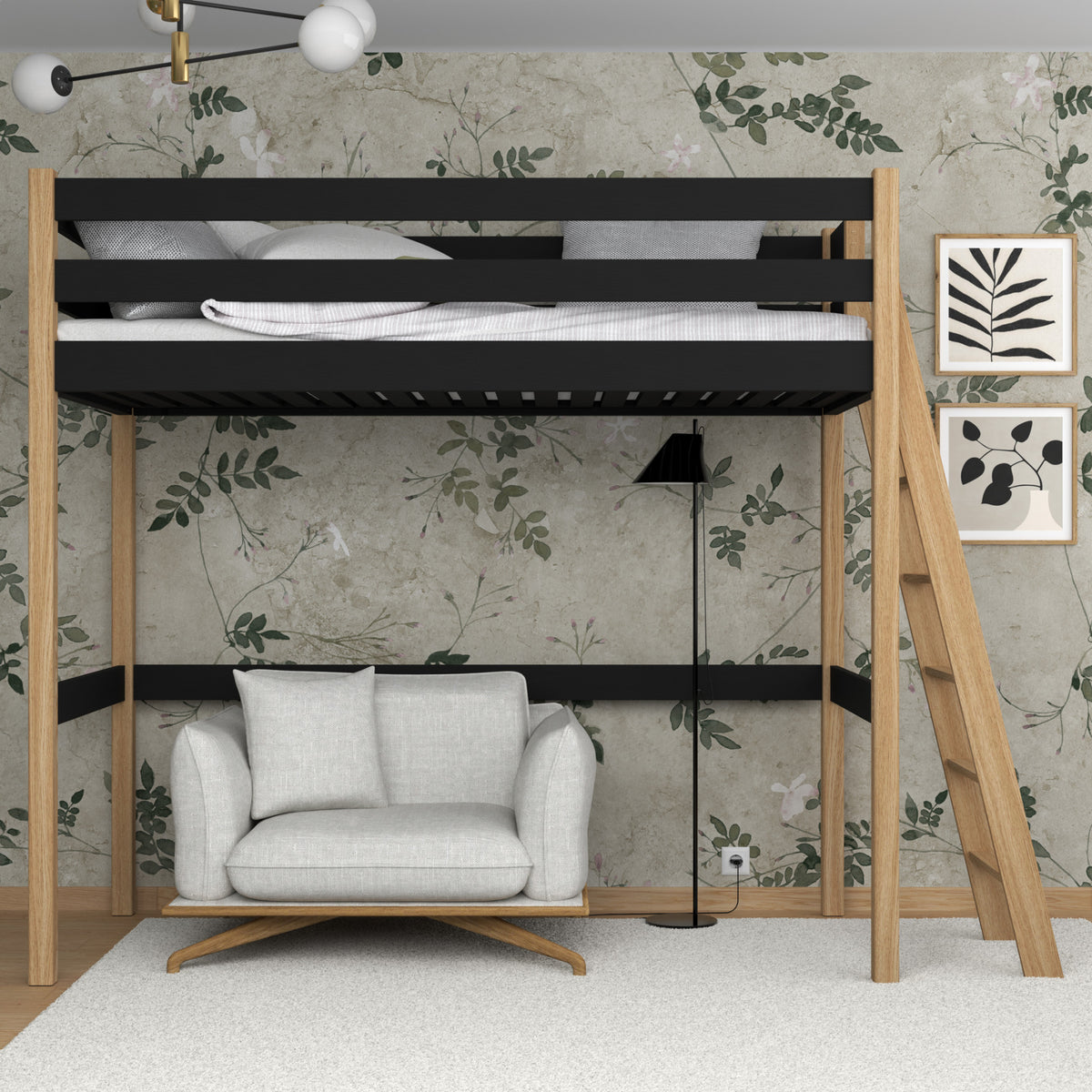 Hoogslaper zwart-eiken – houten ladder en valbescherming, Nizio Home