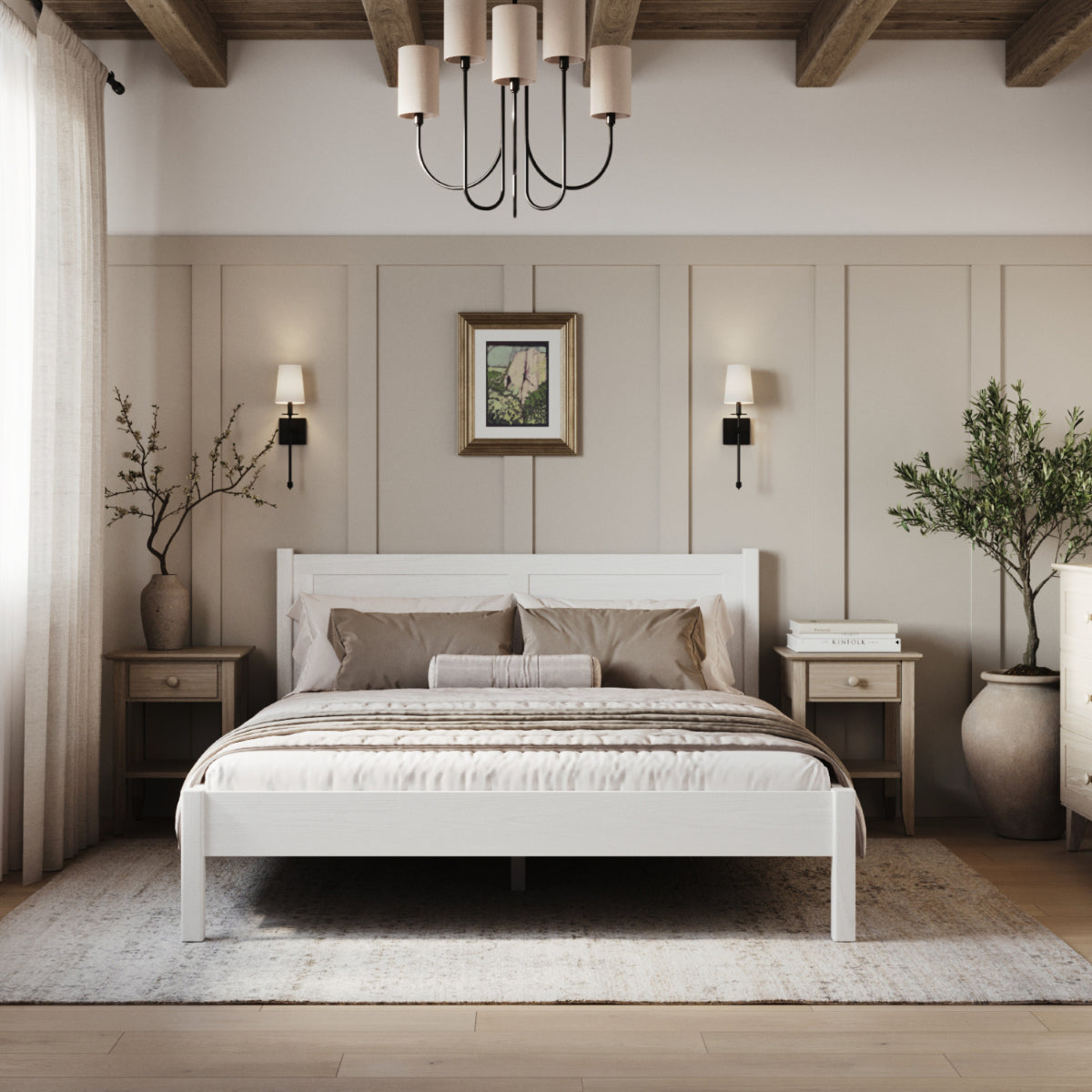 Tweepersoonsbed wit – houten hoofdeinde, close-up op houtskwaliteit