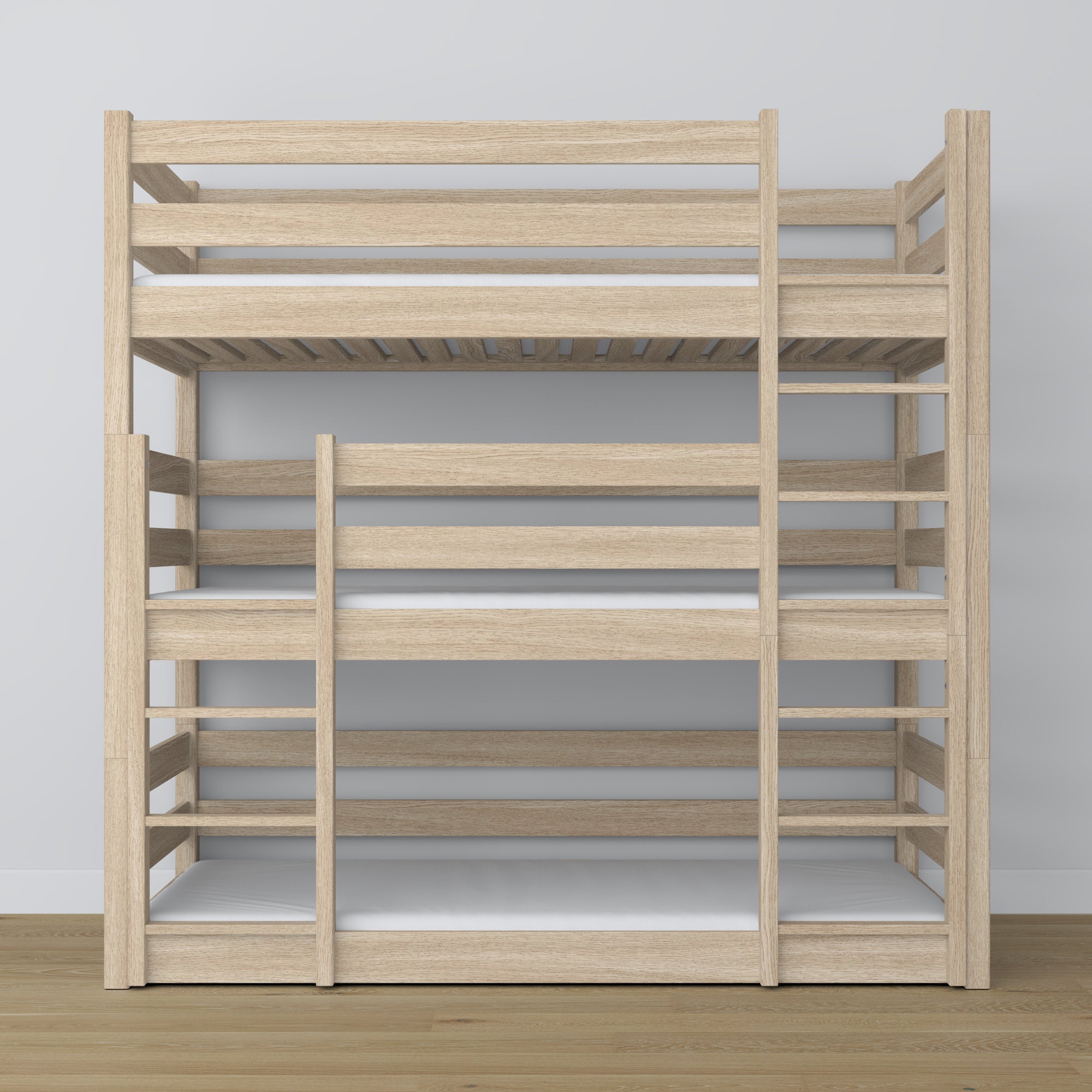 Driepersoonsbed gewit eiken – ladder en veiligheidsbarrières, houten