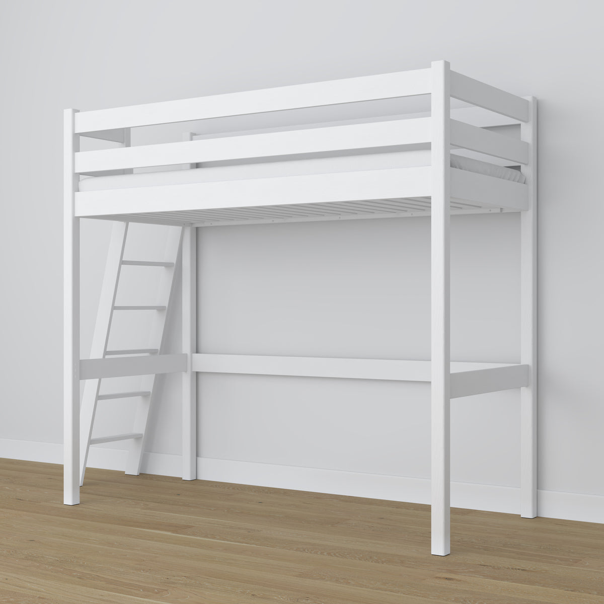 Hoogslaper houten wit – frame met lattenbodem, zijaanzicht