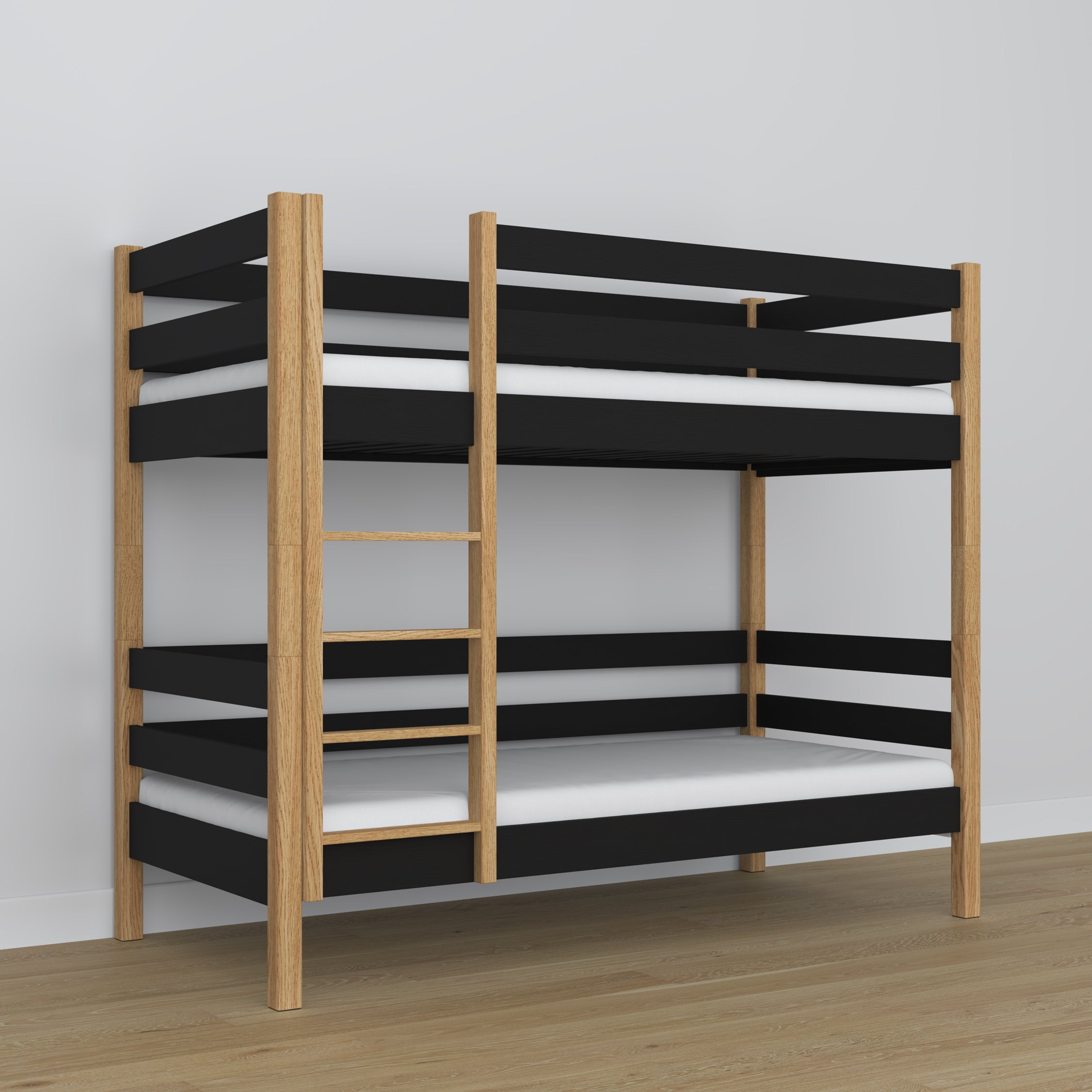 Stapelbed houten zwart-eiken – close-up van verbindingen en houtdetails