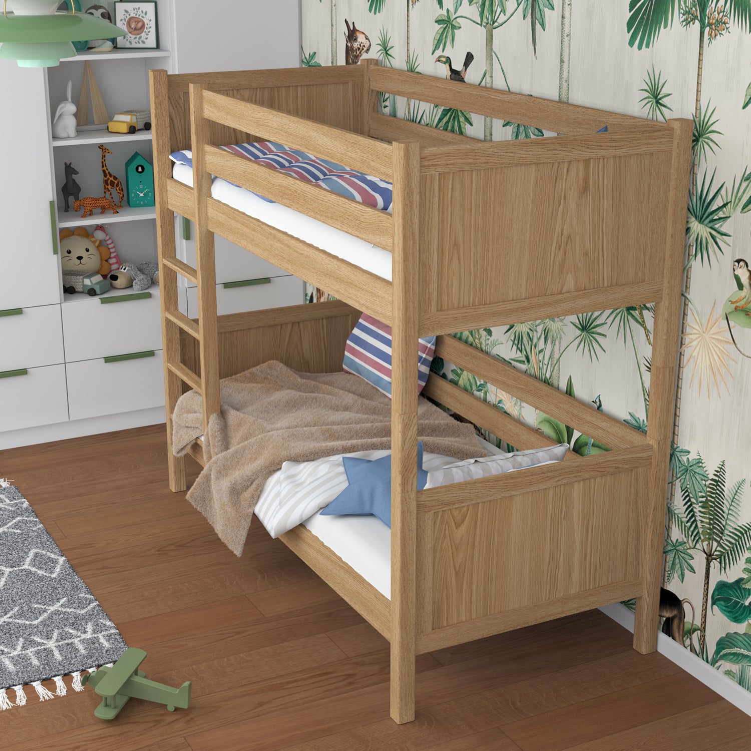 Stapelbed naturel eiken in kinderkamer – scandi inrichting, eikenhouten