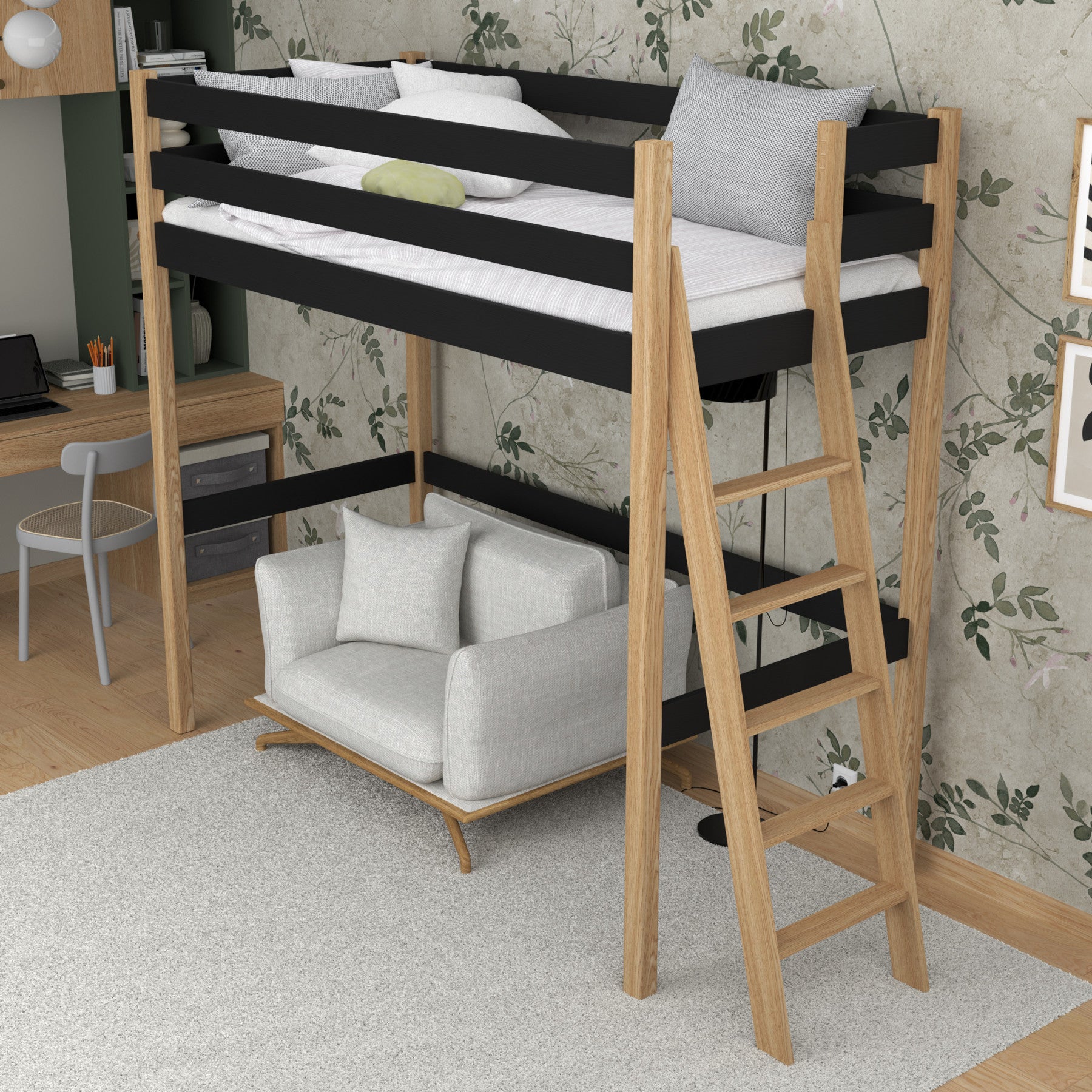 Hoogslaper zwart-eiken in kinderkamer – scandi inrichting, houten
