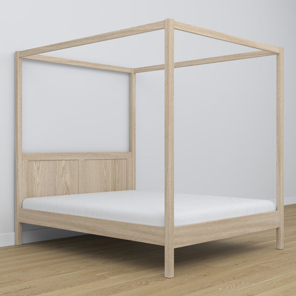 Lit double chêne blanchi avec baldaquin – cadre décoratif en chêne, scandinave